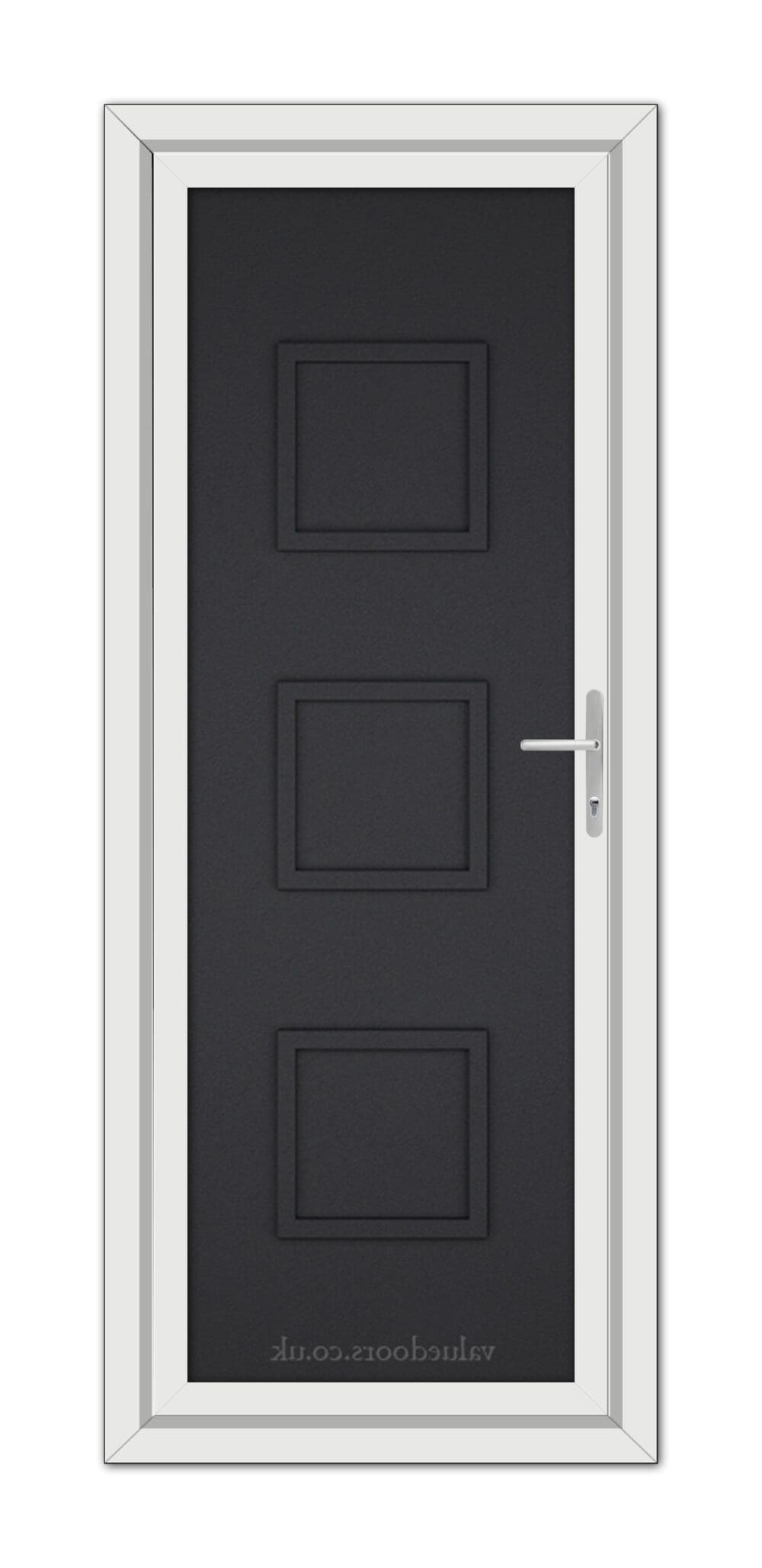 A vertical image of a Black Brown Modern 5013 Solid uPVC door with three recessed panels and a silver handle, framed in a white door frame.