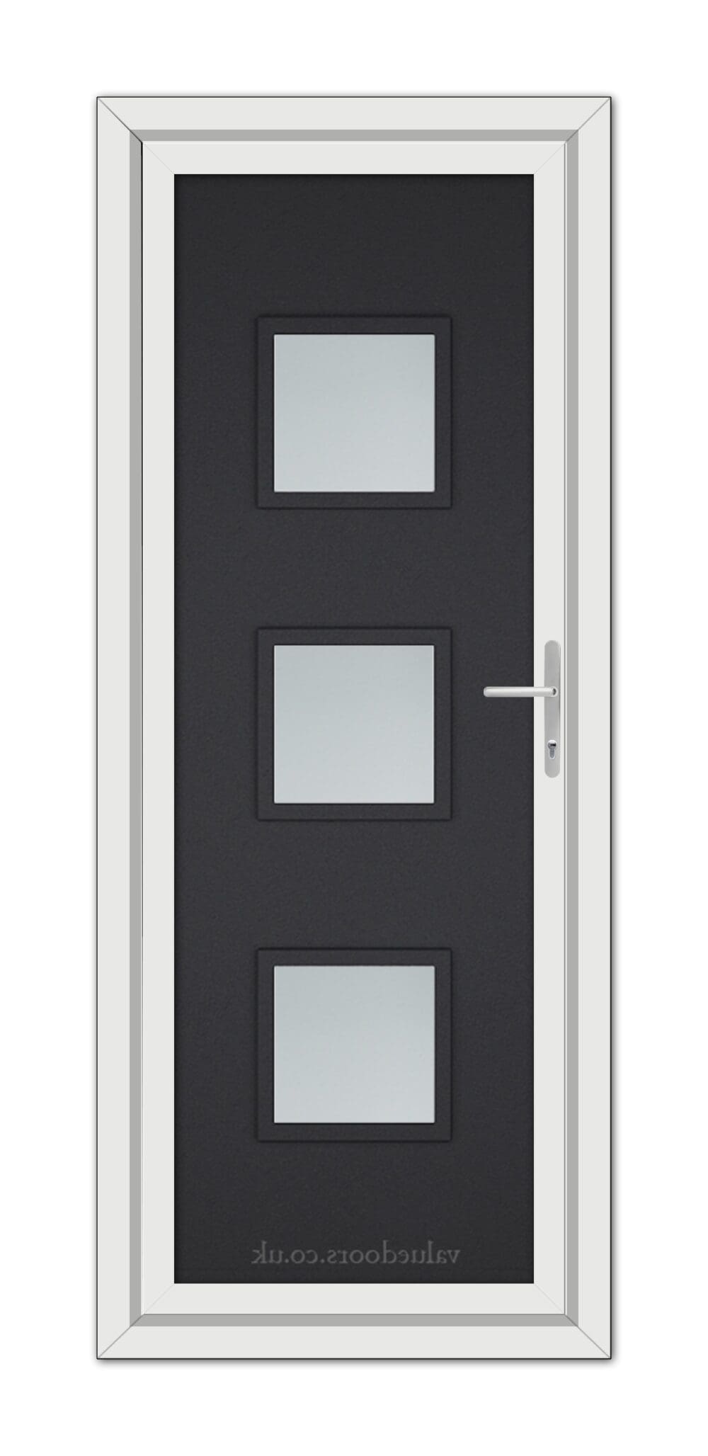 A Black Brown Modern 5013 uPVC Door with three vertical frosted glass panels and a metallic handle, set within a white frame.