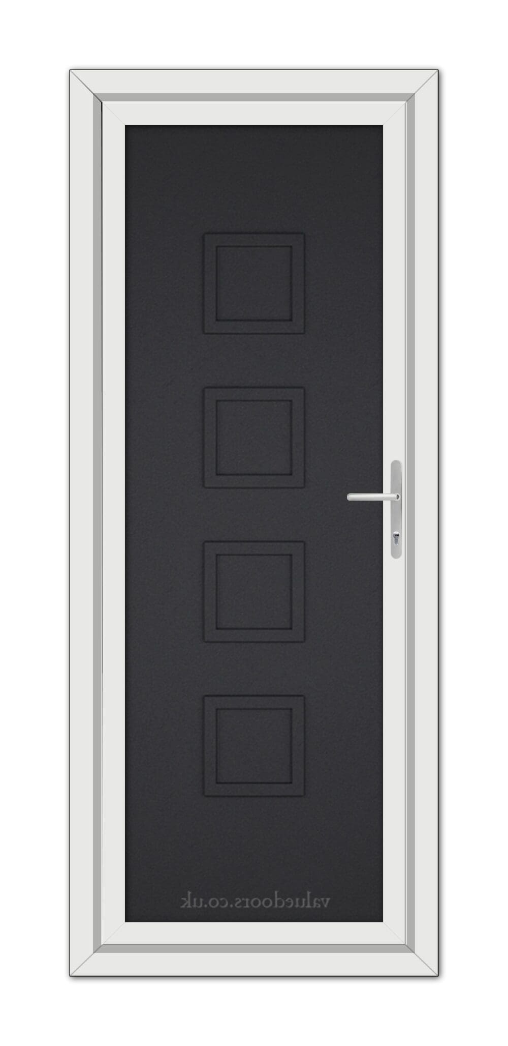 A Black Brown Modern 5034 Solid uPVC door with four rectangular panels and a metal handle, set within a white door frame.