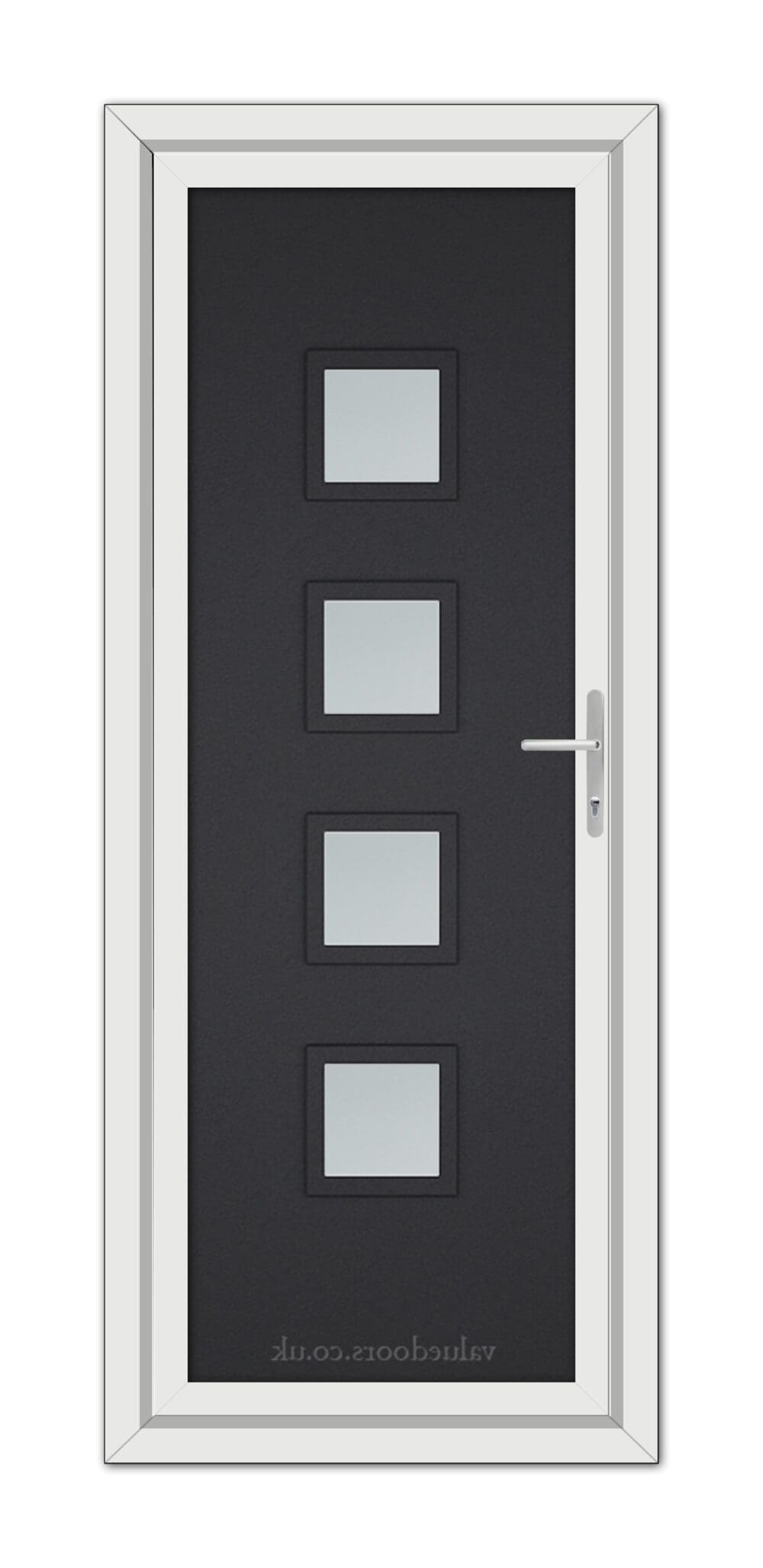 A modern Black Brown Modern 5034 uPVC door with a vertical arrangement of five frosted glass panels, a metallic handle, and a white frame.