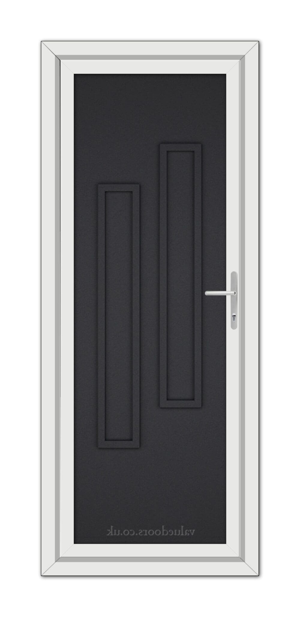 Black Brown Modern 5082 Solid uPVC Door with a white frame and a silver handle, featuring two vertical panels.