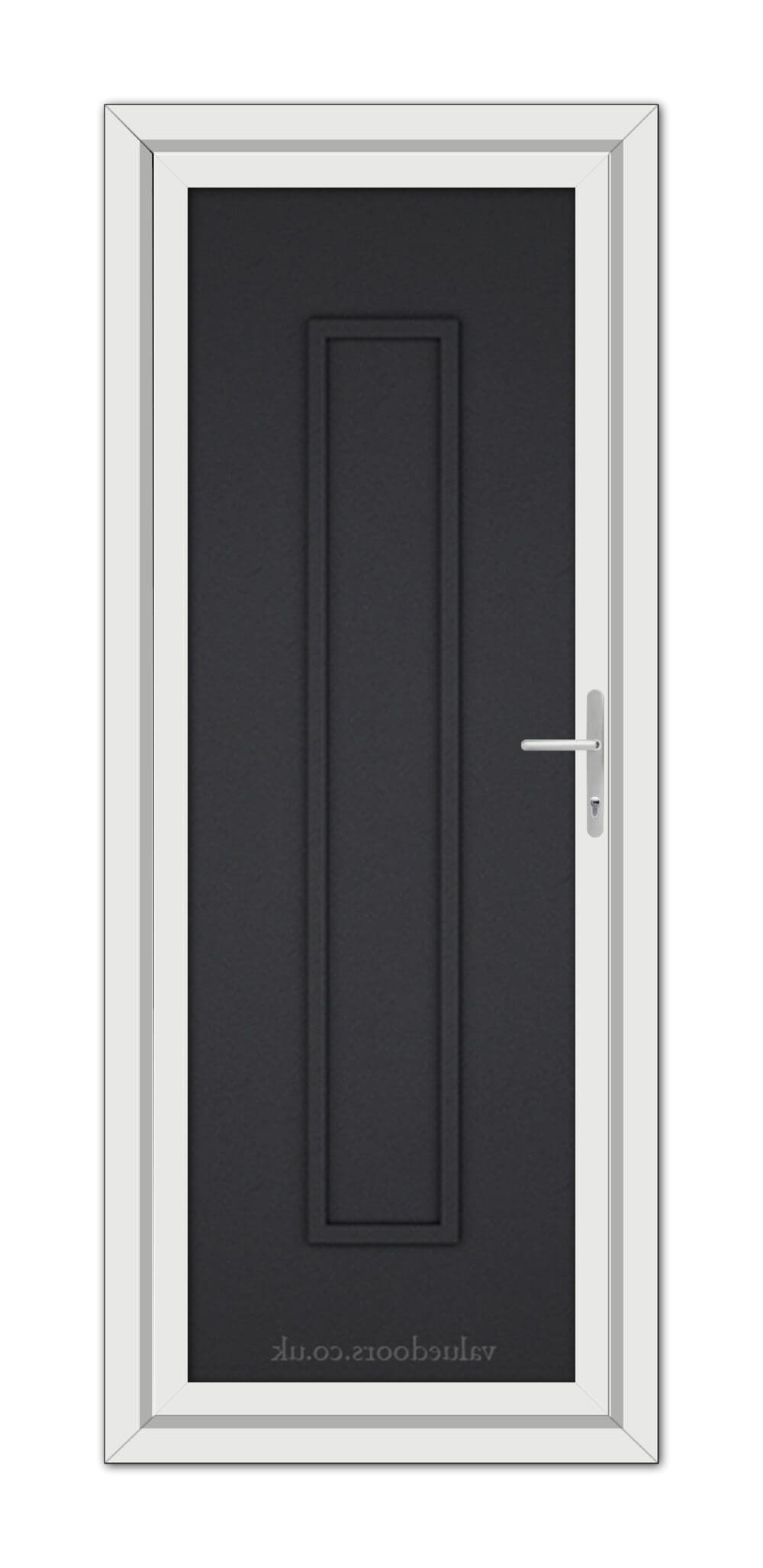 A modern, vertical, Black Brown Modern 5101 Solid uPVC door with a silver handle framed by a white door frame, all set against a white background.