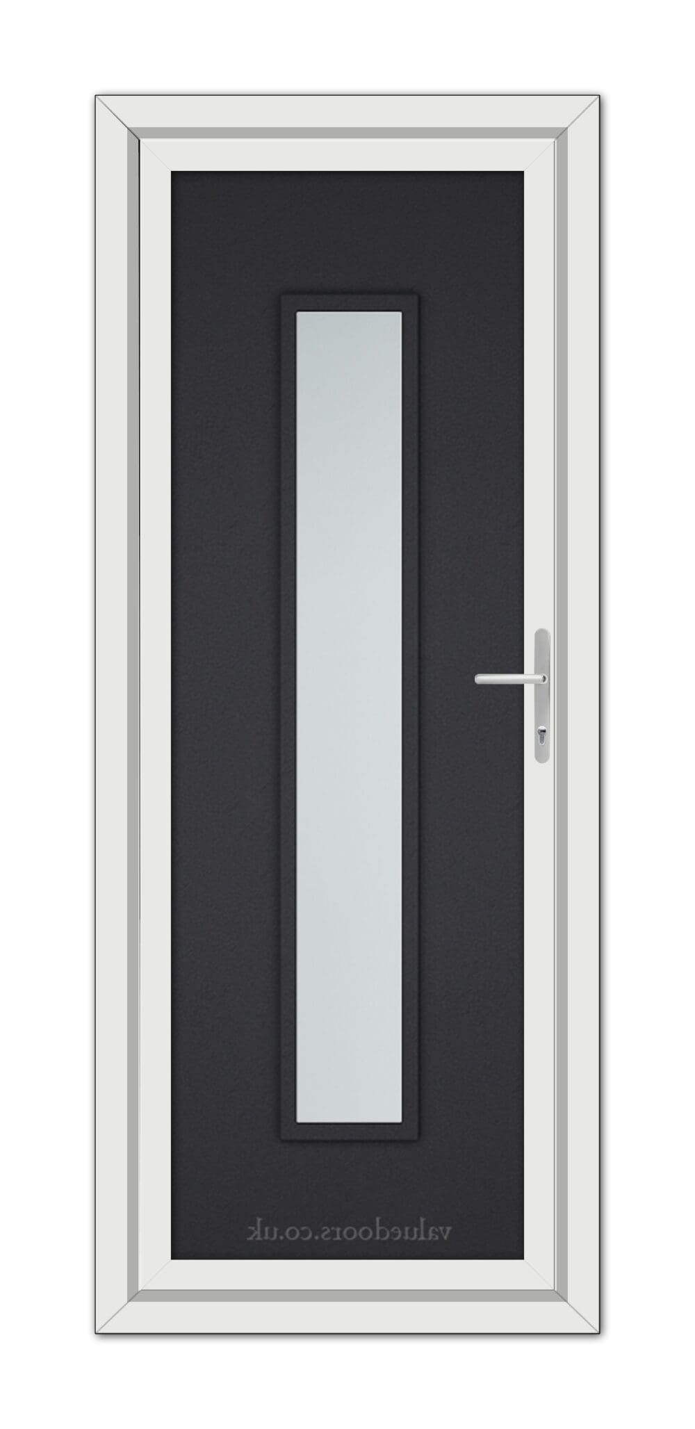 A Black Brown Modern 5101 uPVC Door with a slim glass panel, framed in white, featuring a silver handle on the right side.