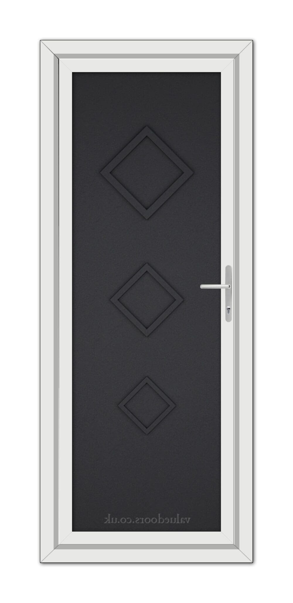 A Black Brown Modern 5123 Solid uPVC door with three diagonal panels and a metallic handle, set within a white frame.