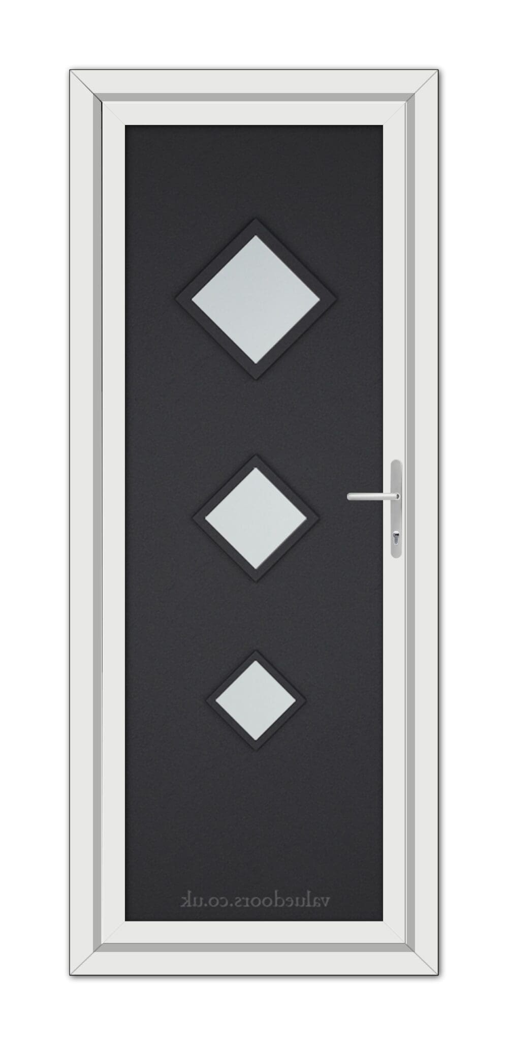 A Black Brown Modern 5123 uPVC door featuring three diamond-shaped windows and a silver handle, set within a white frame.