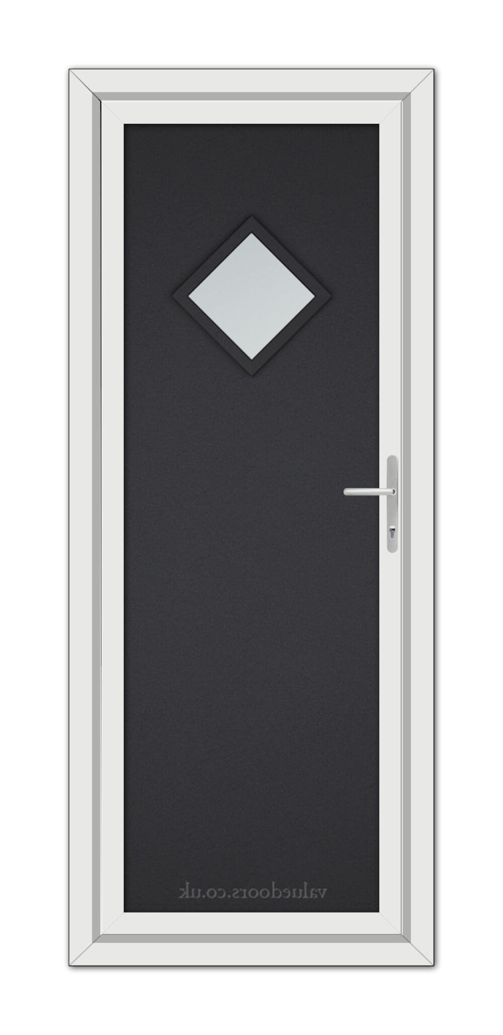 A Black Brown Modern 5131 uPVC door with a white frame, vertical handle on the right, and a small diamond-shaped window near the top.