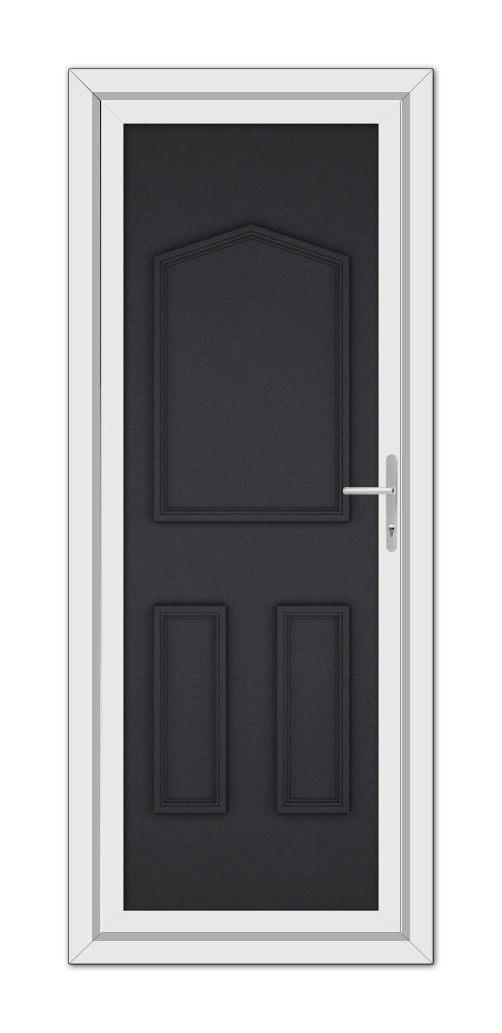 A modern Black Brown Oxford Solid uPVC door with three panels, featuring a silver handle, set within a white door frame.