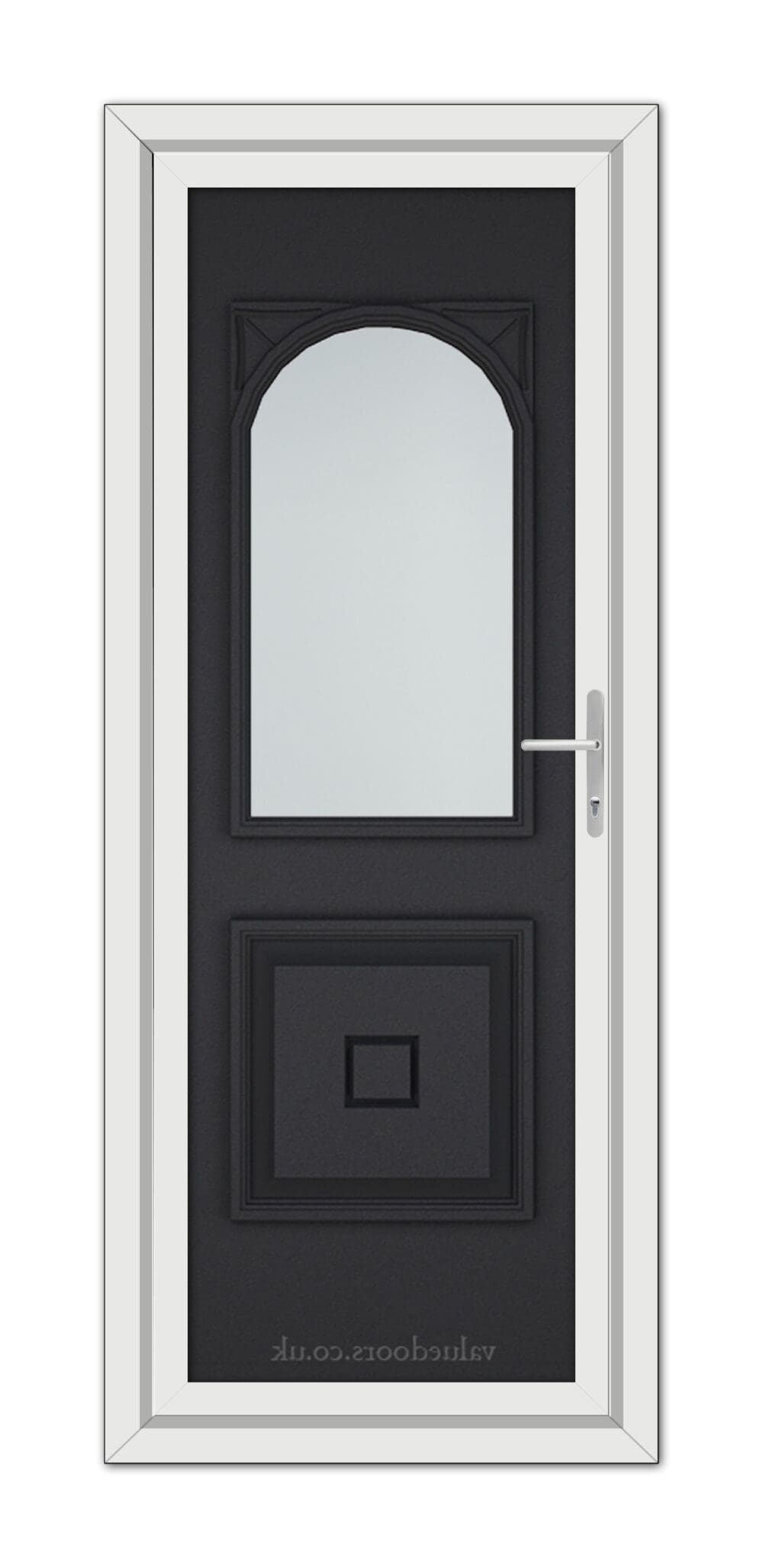 A modern Black Brown Reims uPVC Door with a vertical oval glass panel and silver handle set in a white frame.