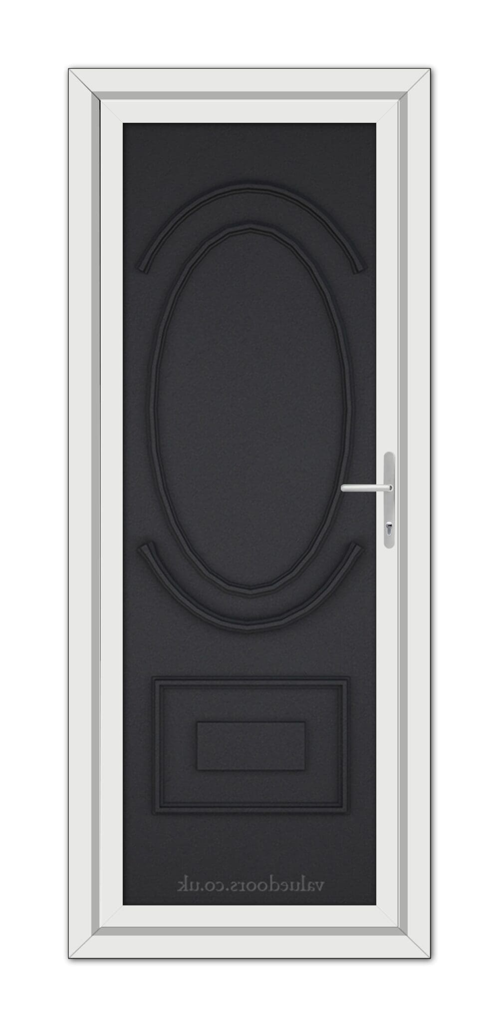 A modern Black Brown Richmond Solid uPVC door with an oval window and silver handle set within a white frame, viewed from the front.