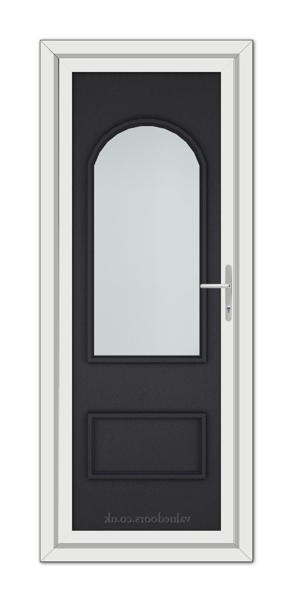 A Black Brown Rockingham uPVC door with a oval glass window near the top and a metallic handle, framed in white.