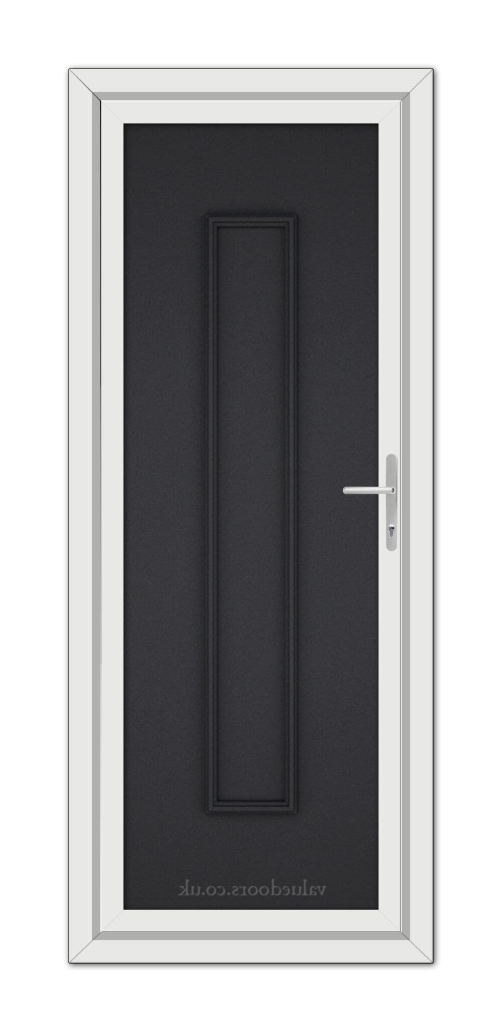 A modern Black Brown Rome Solid uPVC Door with a vertical handle, set within a white frame, viewed from the front.