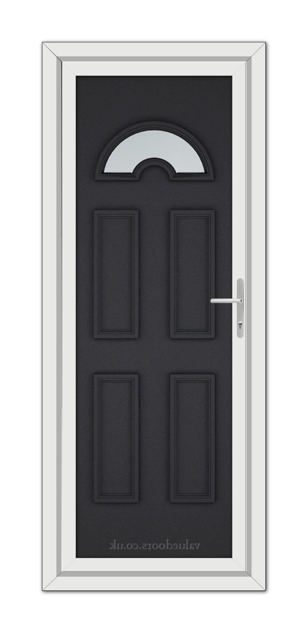 Vertical image of a Black Brown Sandringham uPVC Door, featuring a dark gray color with a semicircular window at the top and a silver handle on the right side.