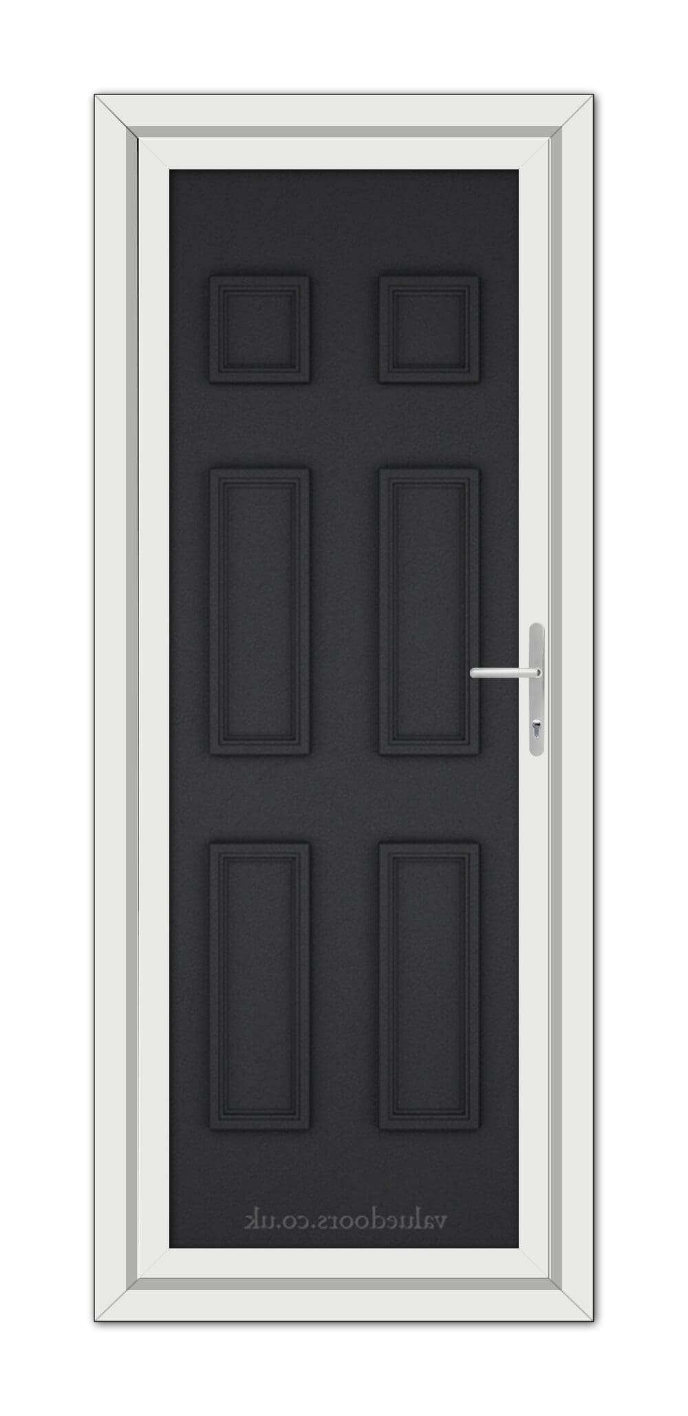 A modern Black Brown Windsor Solid uPVC door with six panels and a silver handle, set in a white door frame.