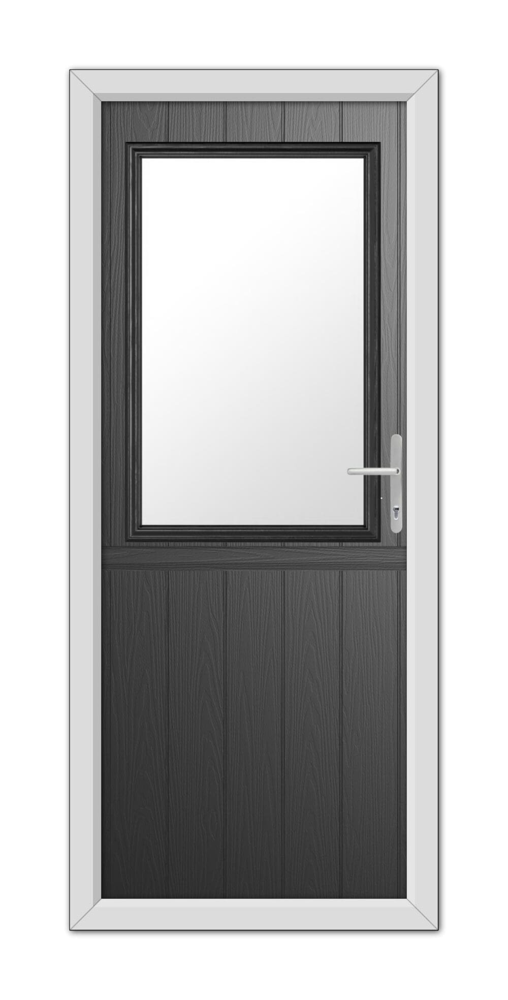 A modern Black Clifton Stable Composite Door 48mm Timber Core with a rectangular window and a metallic handle, set in a white frame.