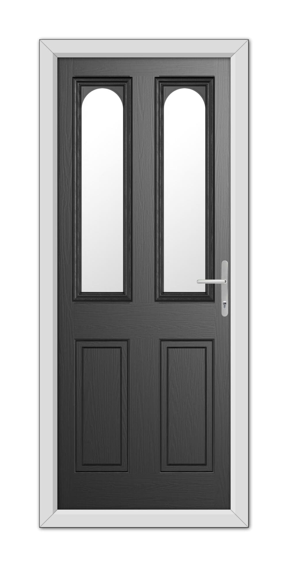 A Black Elmhurst Composite Door 48mm Timber Core with a dark wood finish and two vertical glass panels, featuring a silver handle on the right door, set in a white frame.