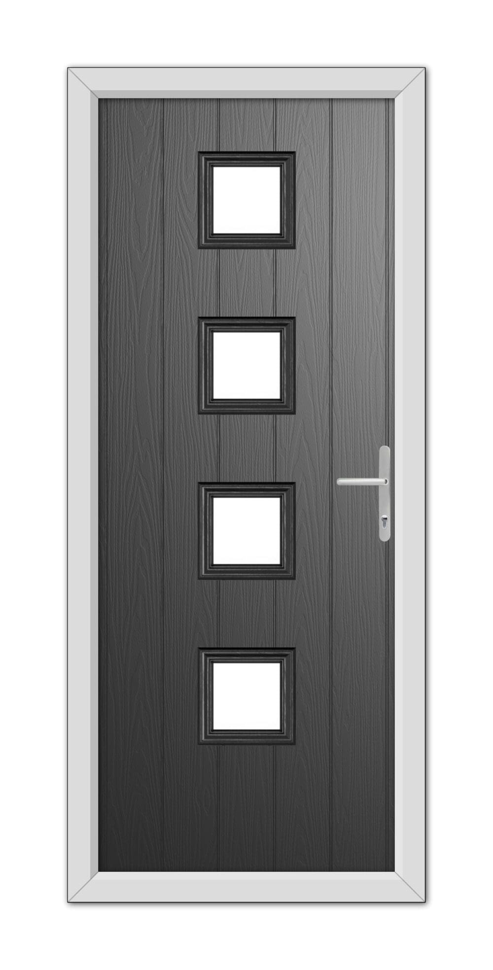 A modern Black Hamilton Composite Door 48mm Timber Core with four rectangular glass panels and a metallic handle, set within a white frame.