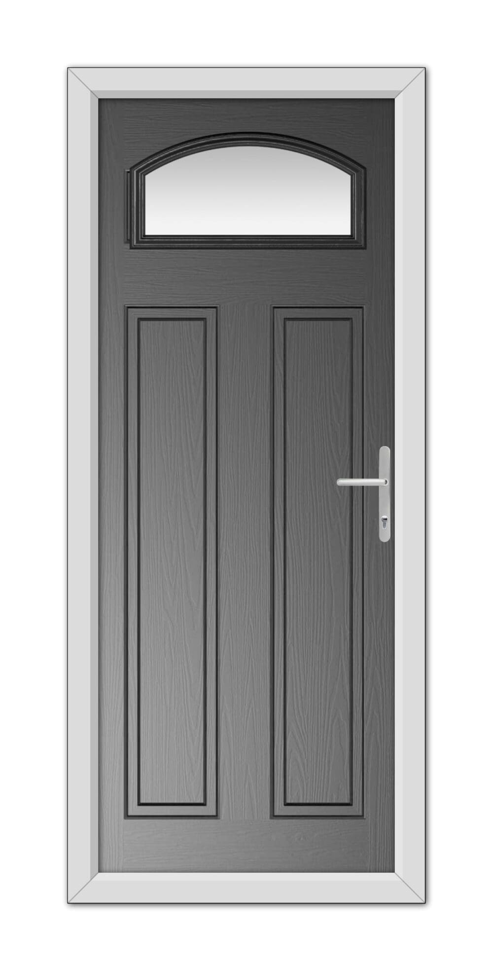 A modern Black Harlington Composite Door 48mm Timber Core with a rounded top window and a metallic handle, set within a white frame.