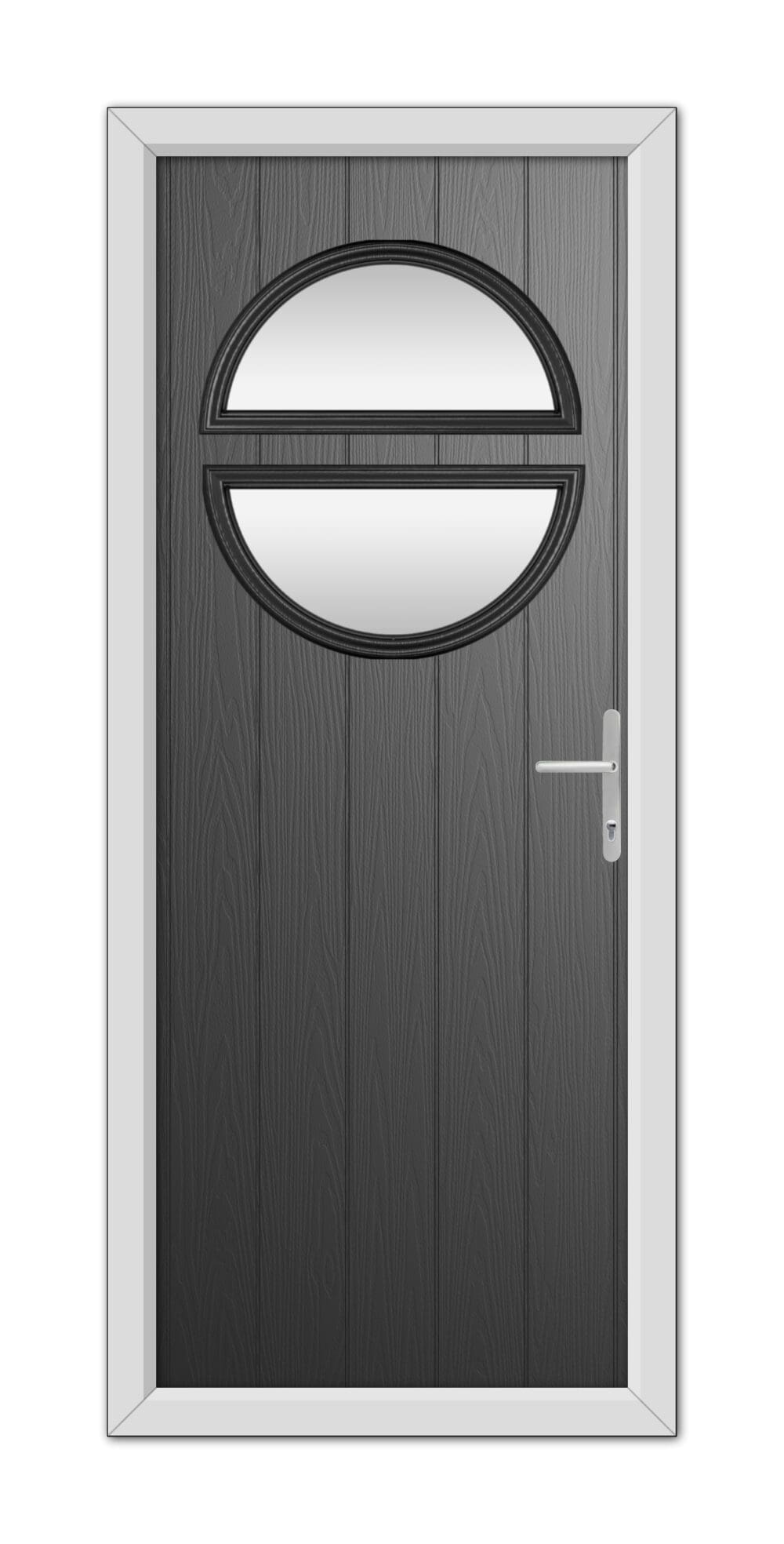 A modern black Kent composite door with an oval glass window and a silver handle, set in a white frame.