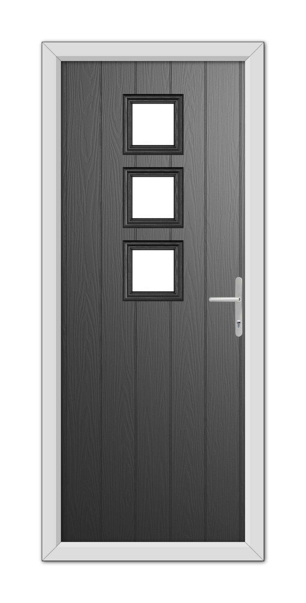 A Black Montrose Composite Door 48mm Timber Core with a white frame, featuring three small rectangular windows and a silver handle on the right side.