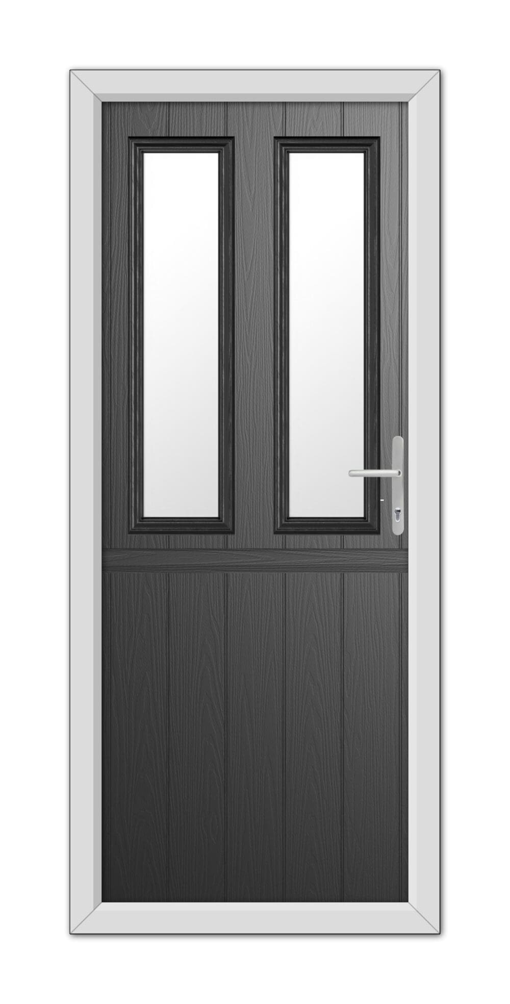 A modern Black Wellington Stable Composite Door 48mm Timber Core with a dark wood finish featuring two vertical windows and a metallic handle, set in a white frame.