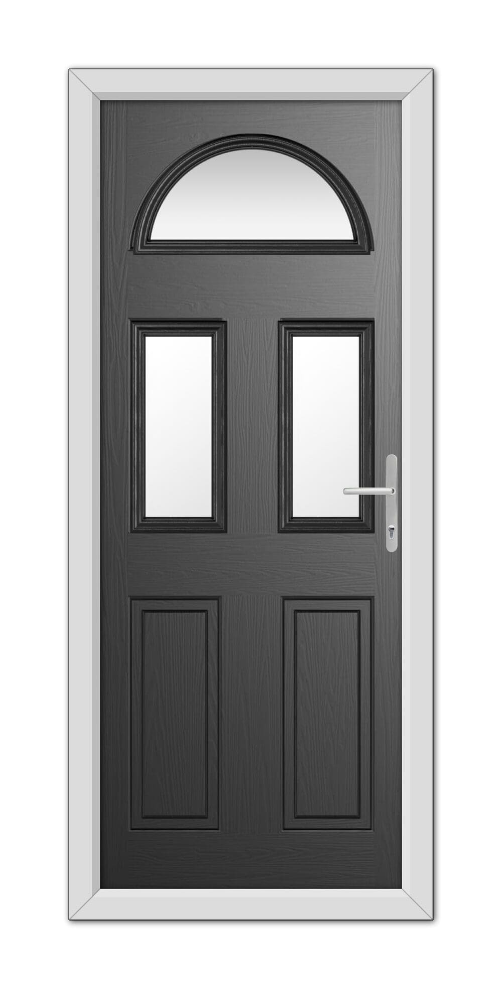 A modern Black Winslow 3 Composite Door 48mm Timber Core with a semicircular transom window and two vertical glass panels, set in a white frame with a metallic handle.