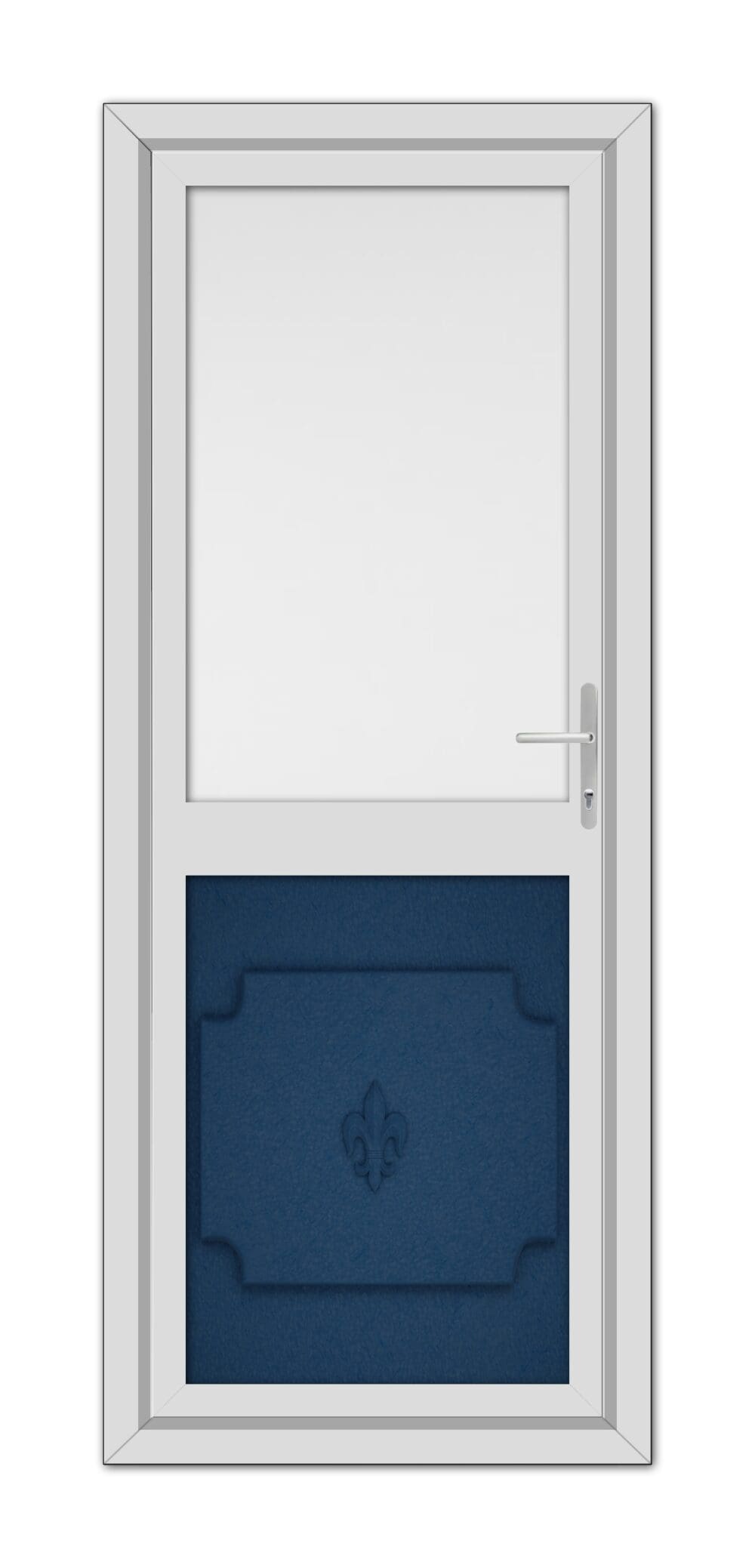 A closed modern window with a white frame, featuring a lower Blue Abbey Half uPVC Back Door panel with a decorative fleur-de-lis symbol.