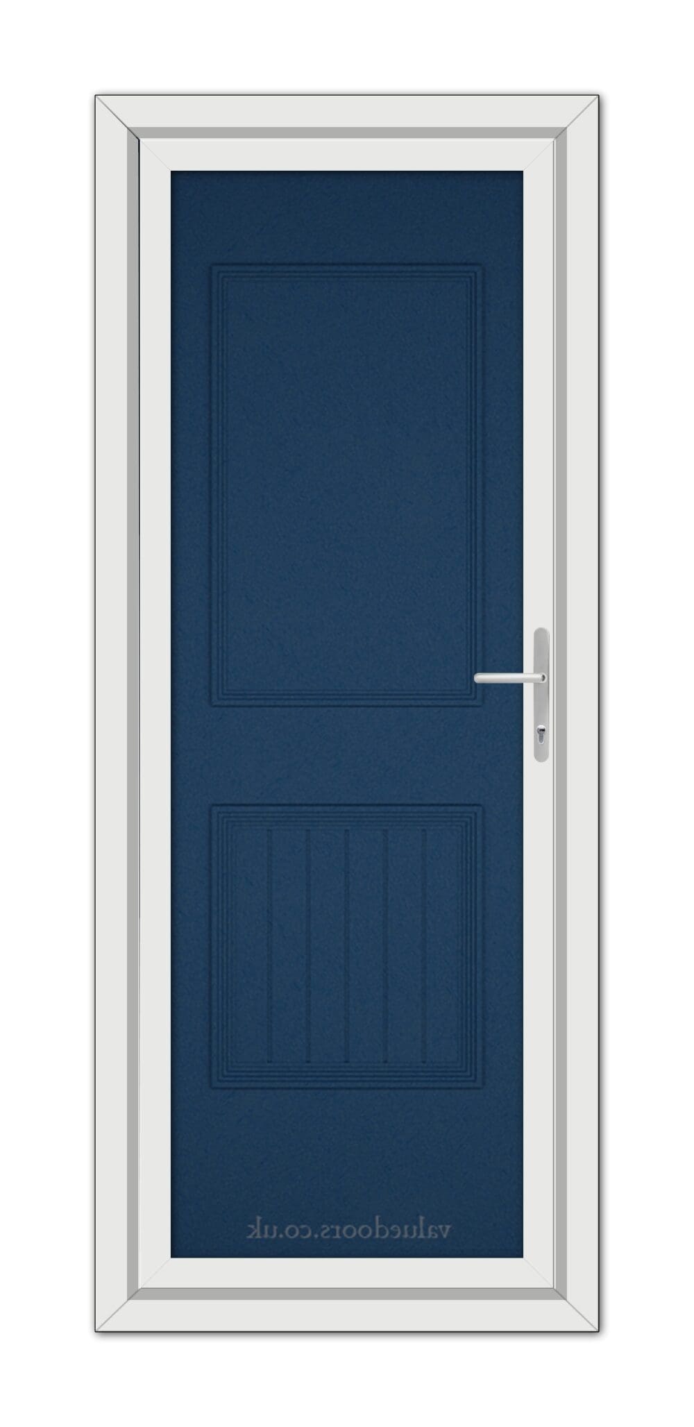 A Blue Alnwick One Solid uPVC Door with a white frame and a silver handle, featuring an upside-down text at the bottom.