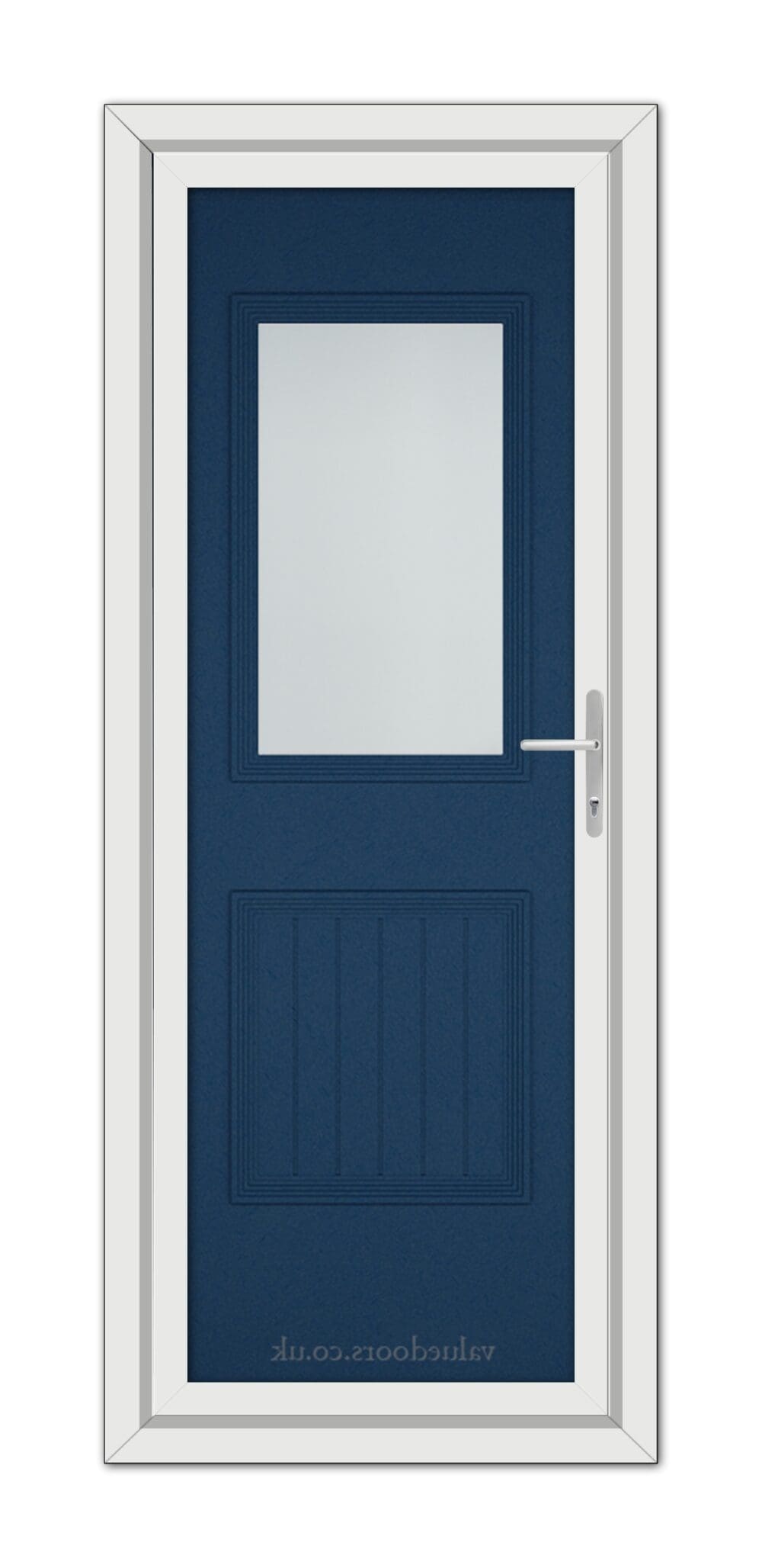 A modern Blue Alnwick One uPVC door with a vertical rectangular window, white frame, and a silver handle, set in a white door frame.