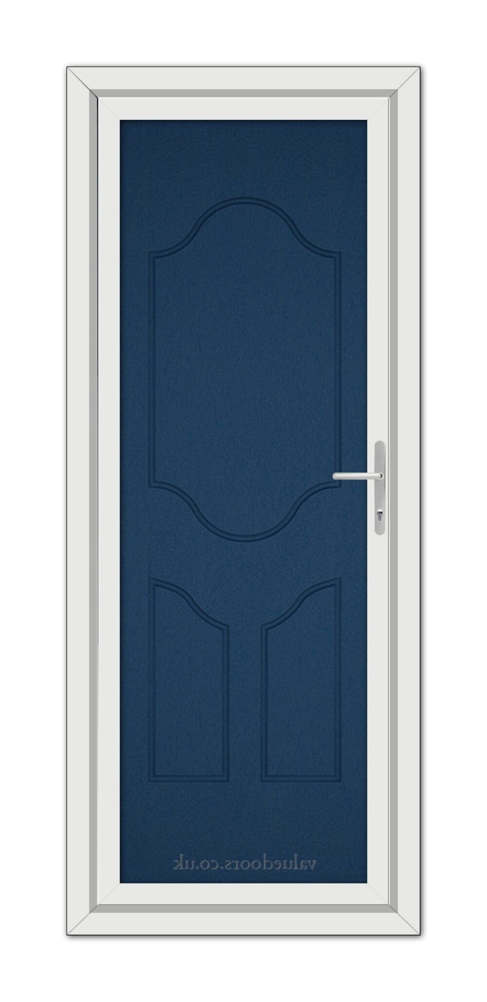 A vertical image of a closed Blue Althorpe Solid uPVC Door with a white frame and a silver handle, installed in a wall.