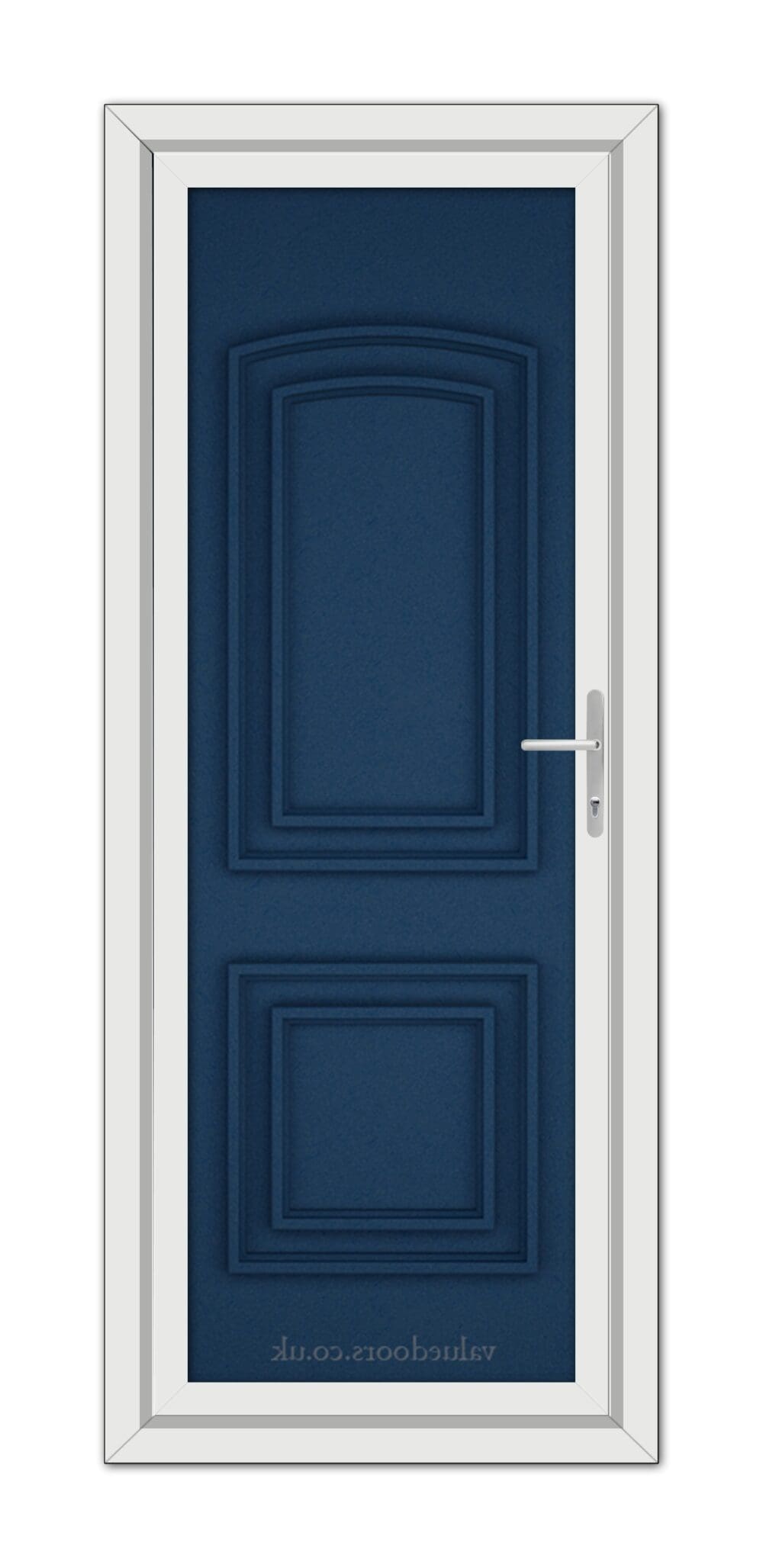 A modern, vertical rectangular white Blue Balmoral Solid uPVC door frame enclosing a navy blue Blue Balmoral Solid uPVC door with a simple silver handle, featuring decorative panels.