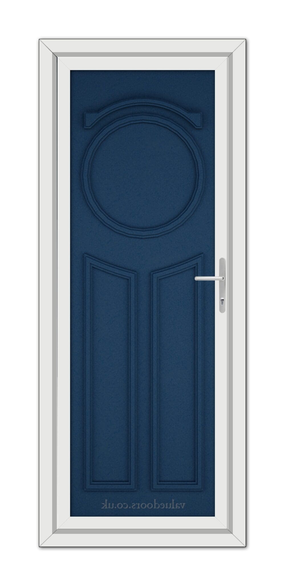 A vertical image of a Blue Blenheim Solid uPVC Door with an oval window, set in a white frame, featuring a silver handle on the right.