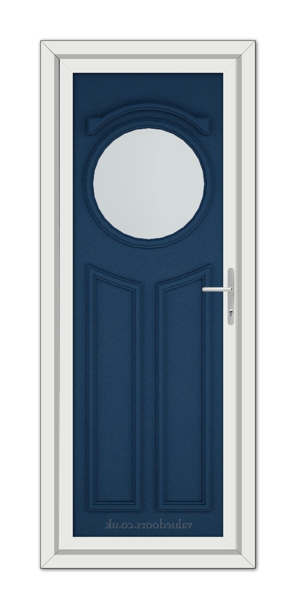 A Blue Blenheim uPVC Door with an oval window and a metal handle, set within a white frame.