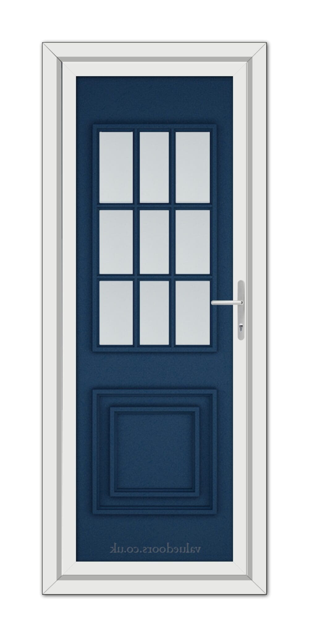 A vertical image of a Blue Cambridge One uPVC Door with a navy-blue color and nine square glass panes arranged in three rows at the top.