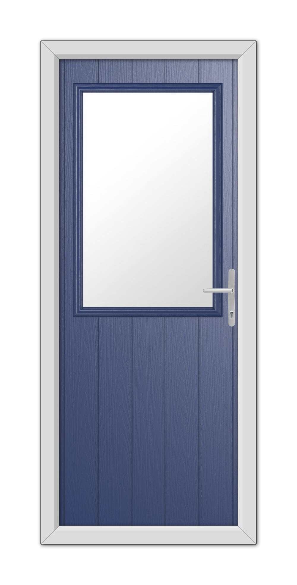 A Blue Clifton Composite Door 48mm Timber Core with a white frame and a square glass window, featuring a modern handle on the right side.