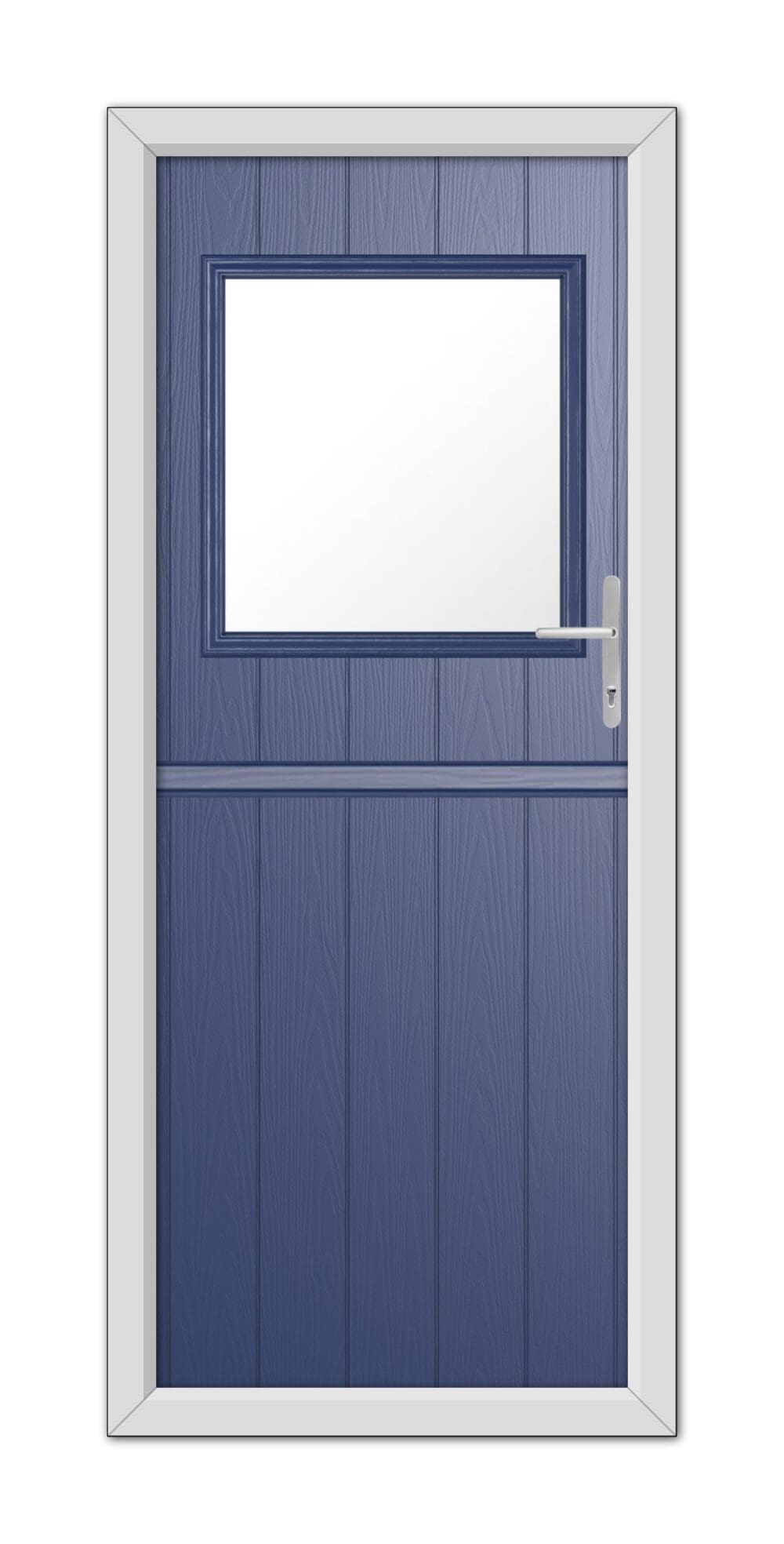 A Blue Fife Stable Composite Door 48mm Timber Core with a horizontal window at the top and a white handle, set within a white frame.