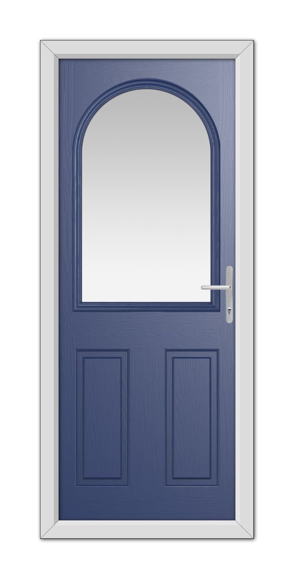 A modern Blue Grafton Composite Door 48mm Timber Core with an arched window at the top, set in a white frame, equipped with a silver handle.