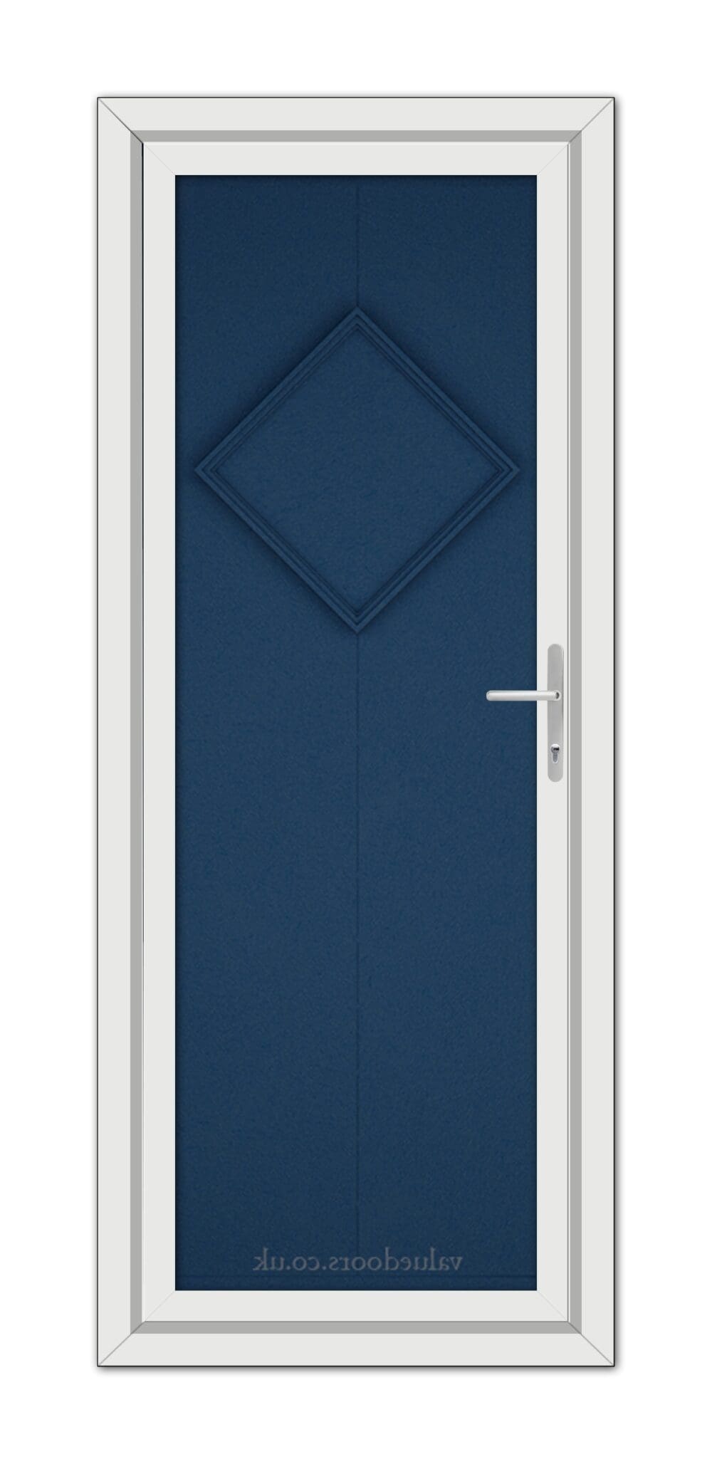 A vertical image of a modern Blue Hamburg Solid uPVC Door with a diamond pattern design, framed in white, featuring a silver handle on the right side.