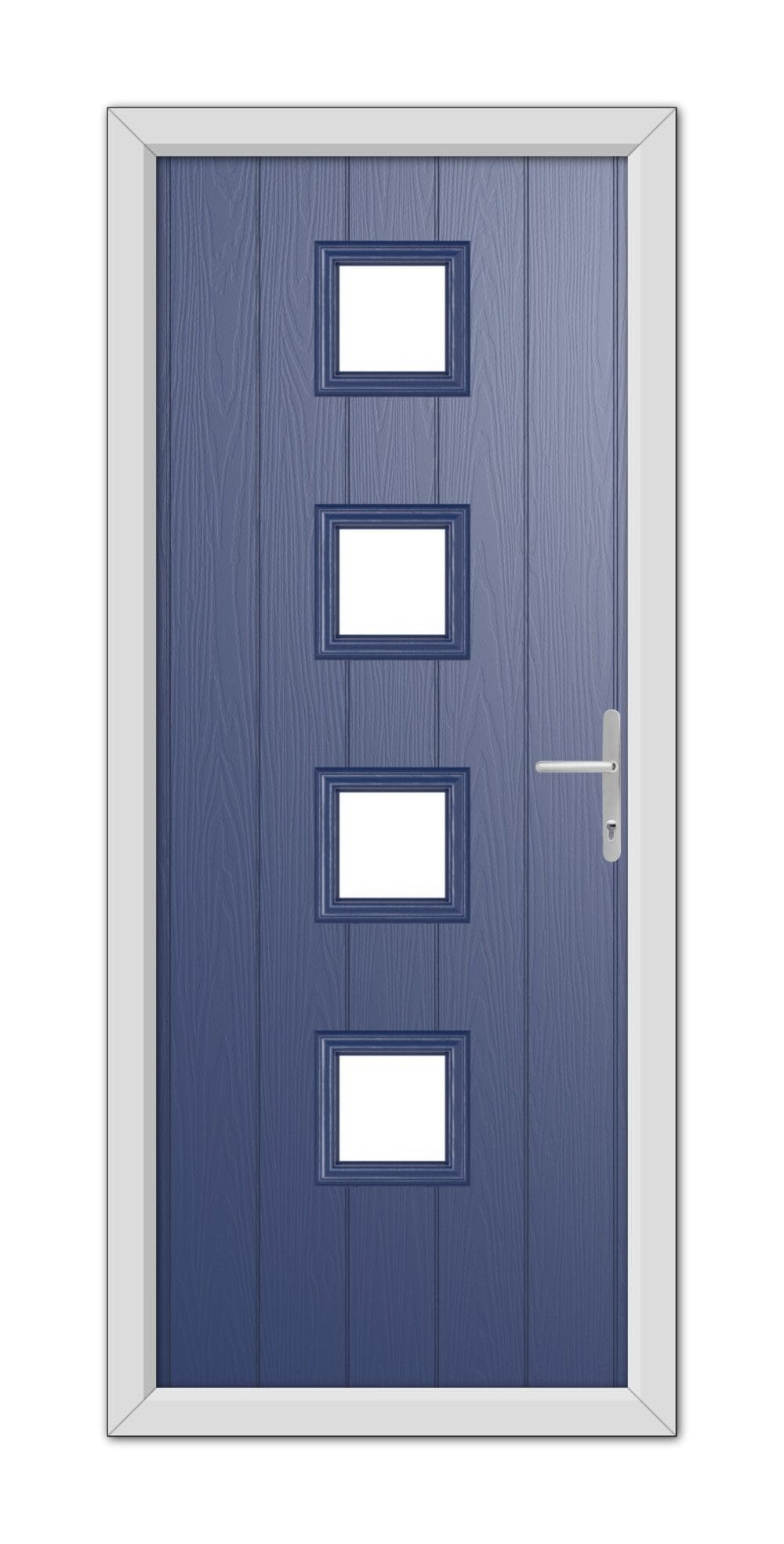 A modern Blue Hamilton Composite Door 48mm Timber Core featuring a white frame, four rectangular windows aligned vertically, and a metallic handle on the right side.