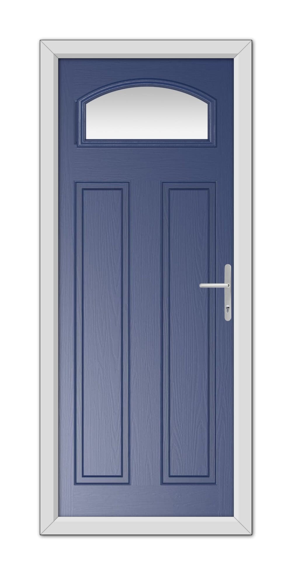 A Blue Harlington Composite Door 48mm Timber Core with an arched window and a white frame, featuring a silver handle on the right.