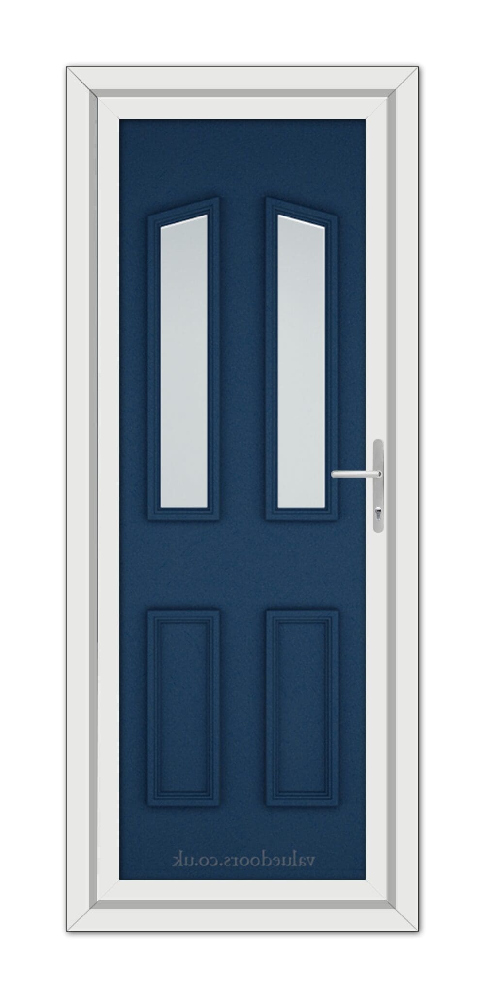 A modern Blue Kensington uPVC door with long, vertical, frosted glass panels and a chrome door handle, set in a white frame.