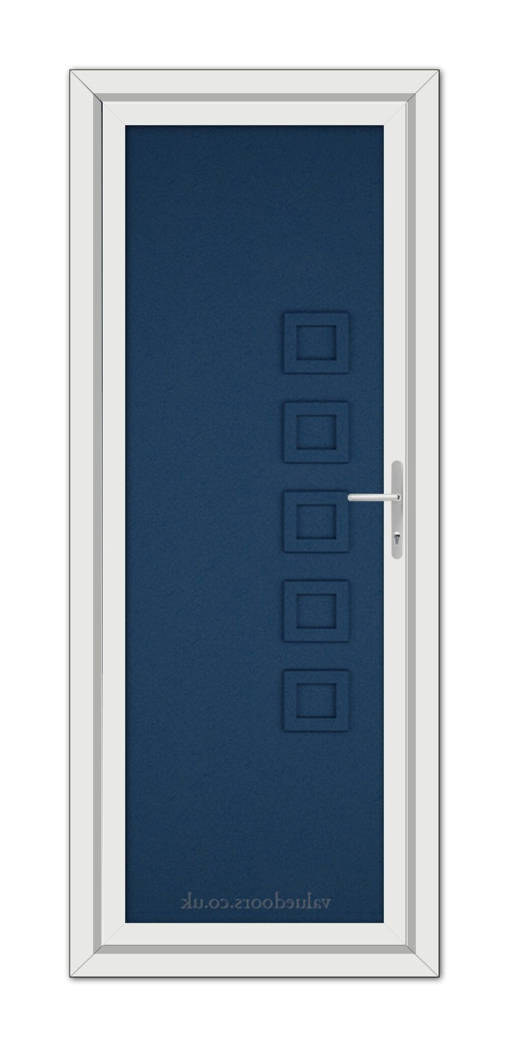 A narrow vertical Blue Malaga Solid uPVC Door with a long window and five square panels aligned on a dark blue surface, featuring a metallic handle on the right.