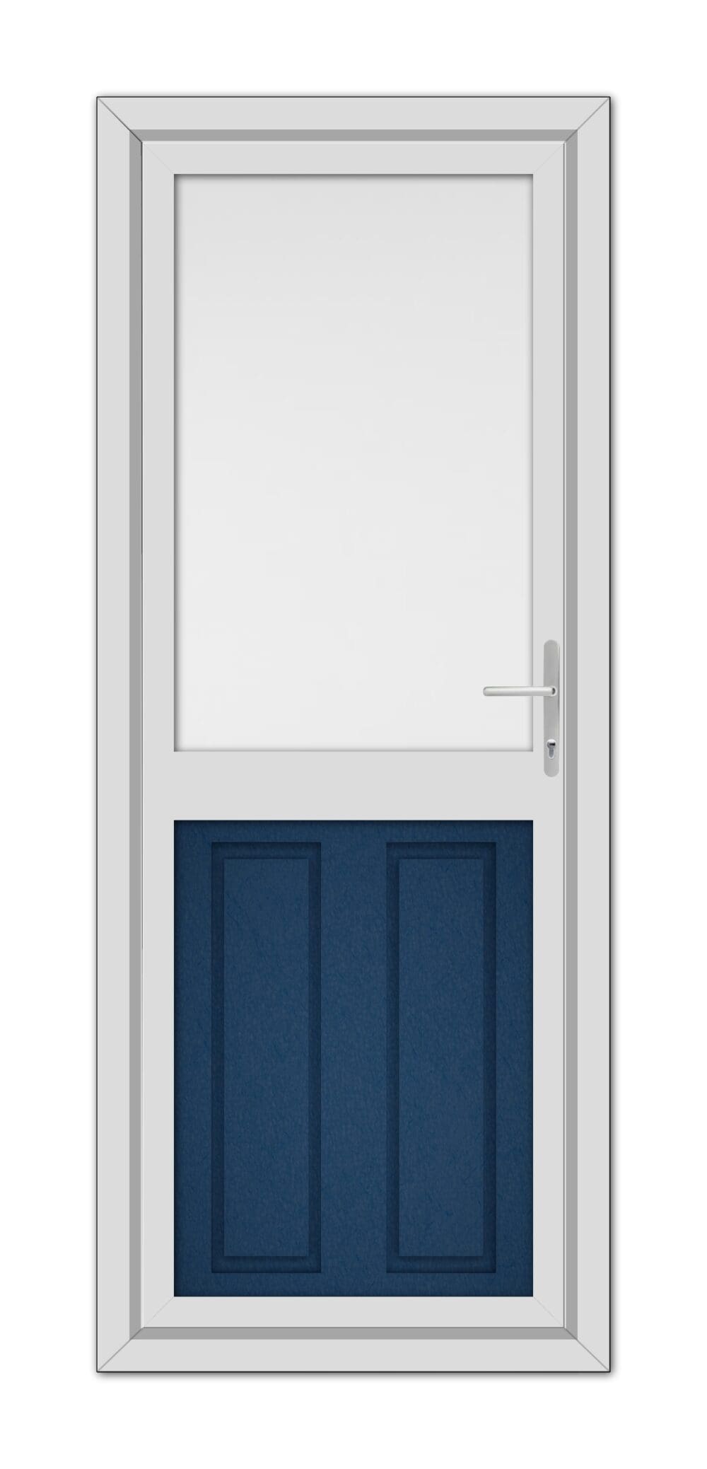 A modern White Manor Half uPVC Back Door with a small, square window at the top and two Blue panels at the bottom, fitted with a silver handle on the right side.