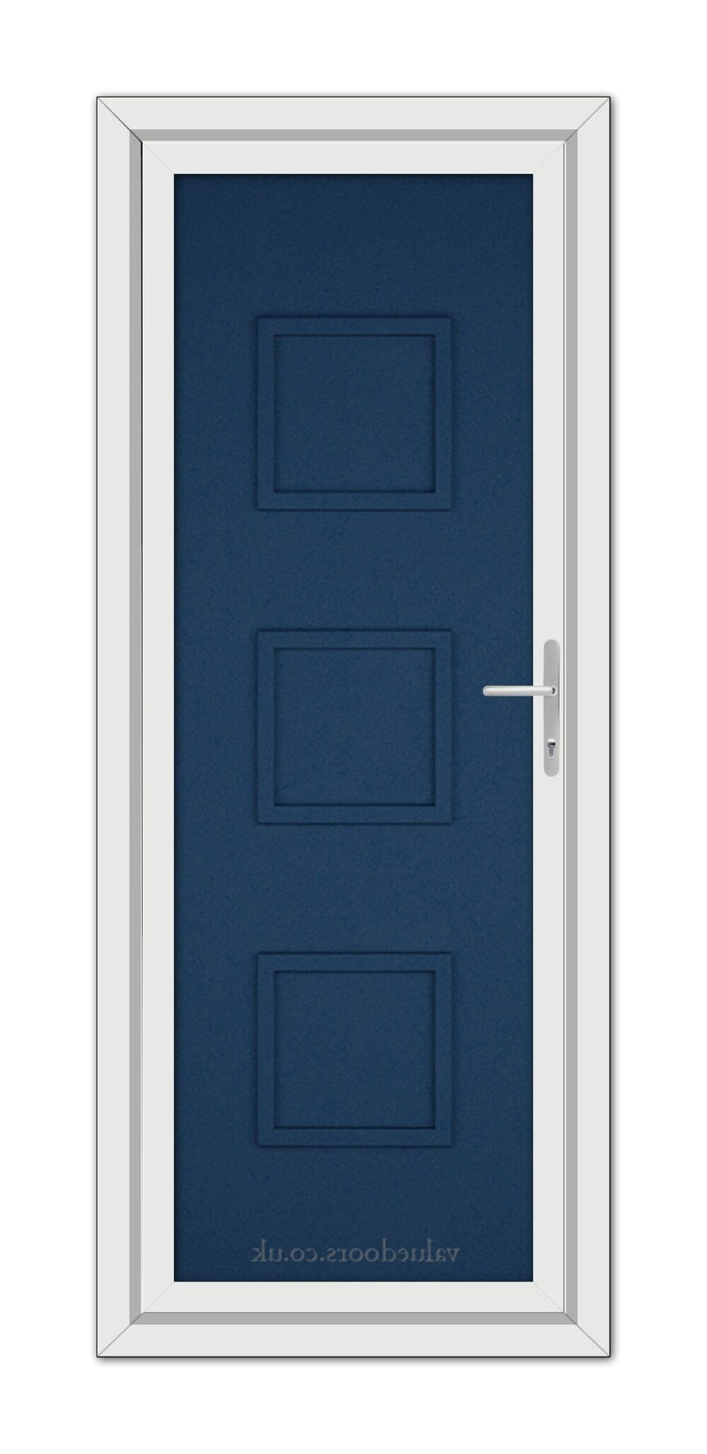 A vertical image of a Blue Modern 5013 Solid uPVC Door with four rectangular panels, featuring a silver handle on the right, set within a white door frame.