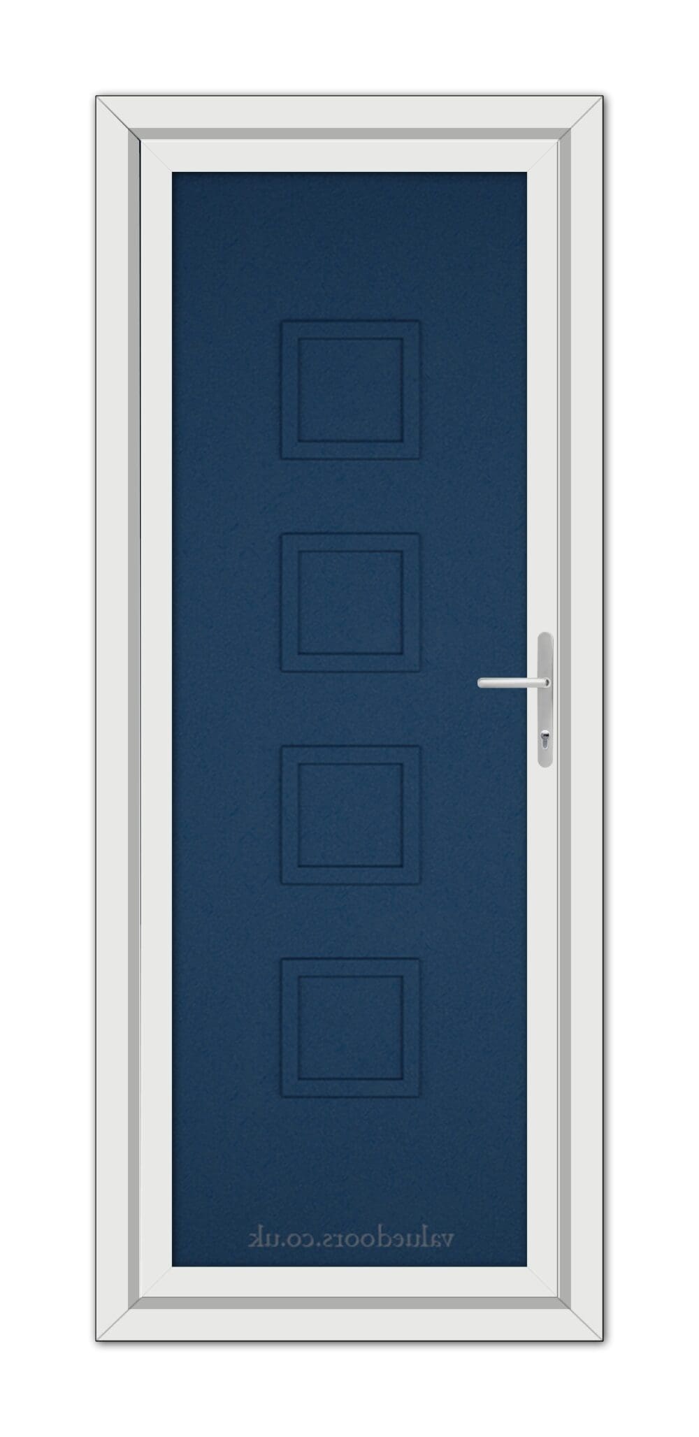 A vertical image of a Blue Modern 5034 Solid uPVC Door with six panels and a white frame featuring a silver handle on the right side.