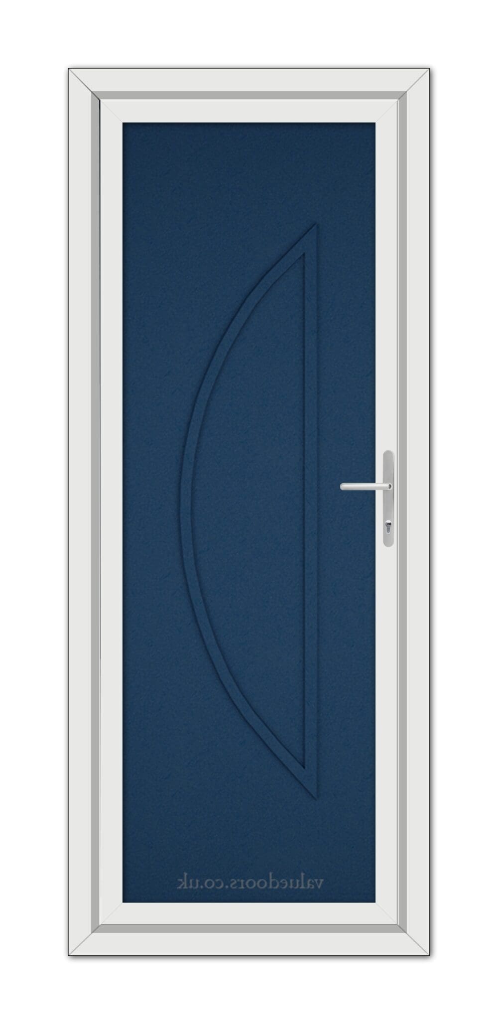 Vertical view of a closed Blue Modern 5051 Solid uPVC door with a sleek handle, featuring a blue center panel with an elegant curved design, encased in a white frame.