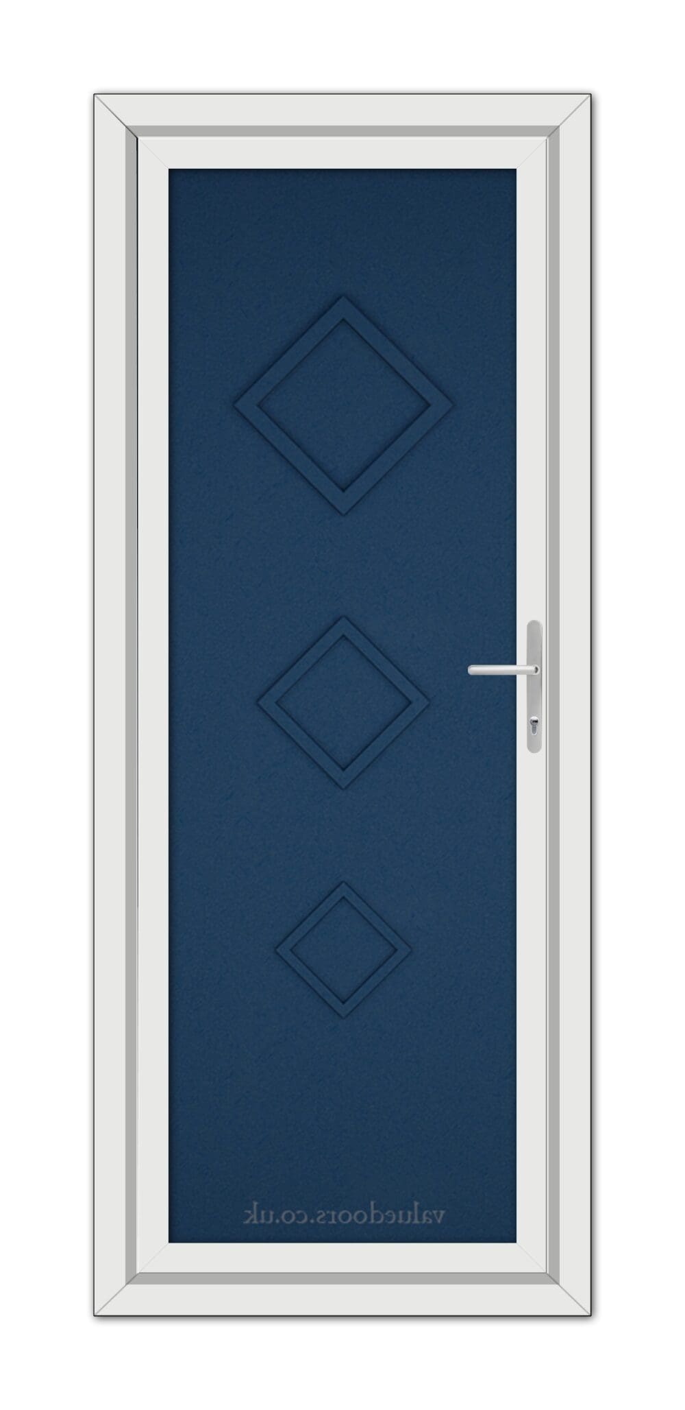 A vertical image of a Blue Modern 5123 Solid uPVC Door with a white frame and dark blue center featuring three diamond-shaped panels and a metallic handle on the right.