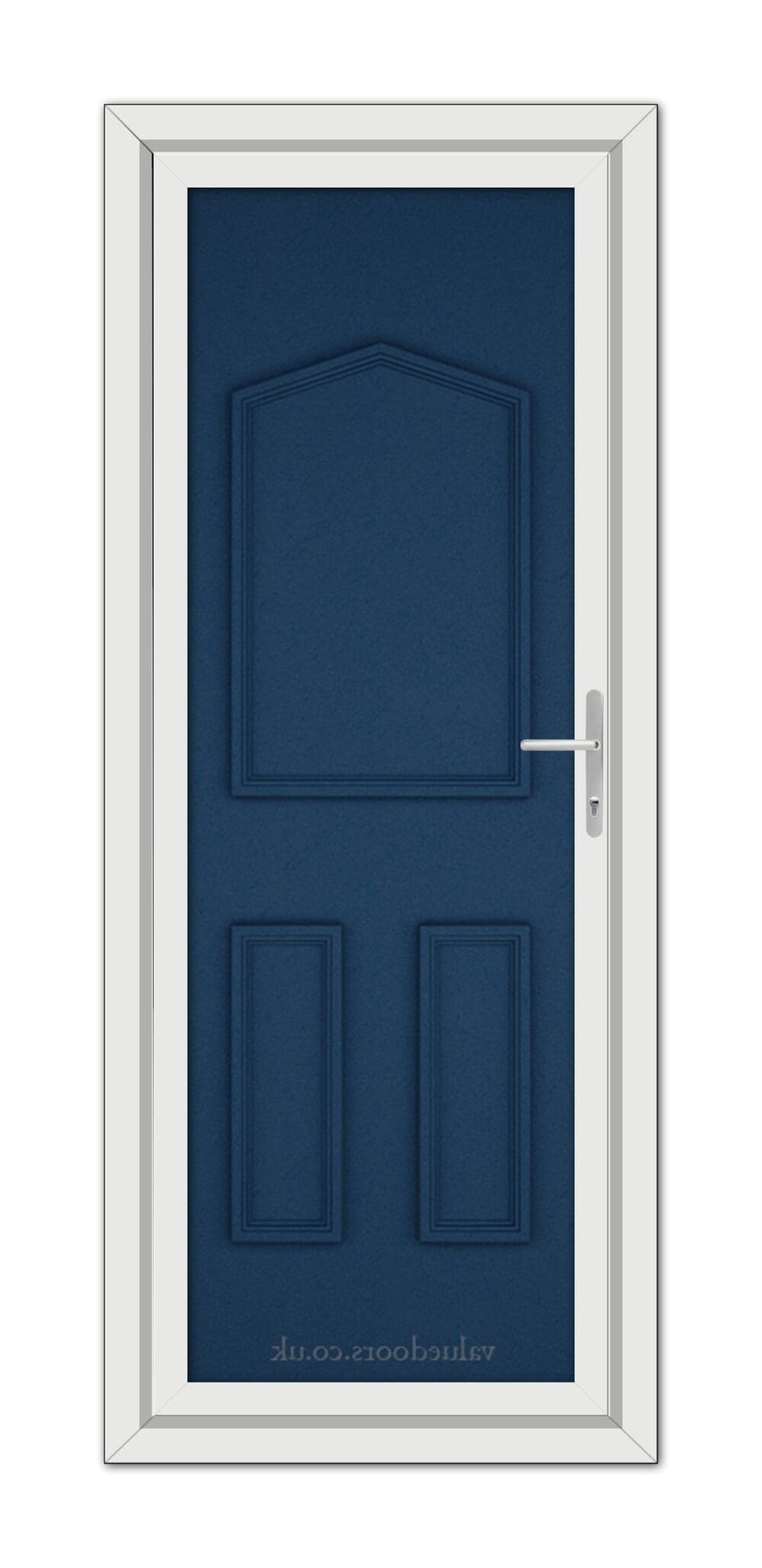 A vertical image of a closed Blue Oxford Solid uPVC Door with a white frame and a metallic handle, set within a white door frame.