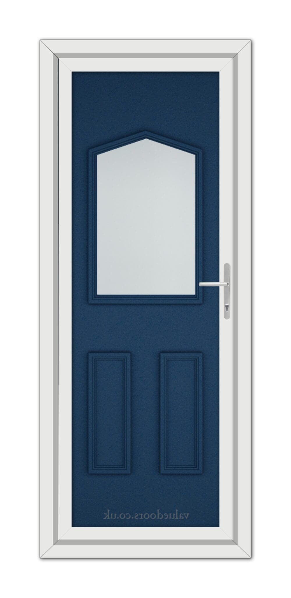 A vertical image of a closed Blue Oxford uPVC Door with an arched window at the top and two recessed panels, set in a white frame.