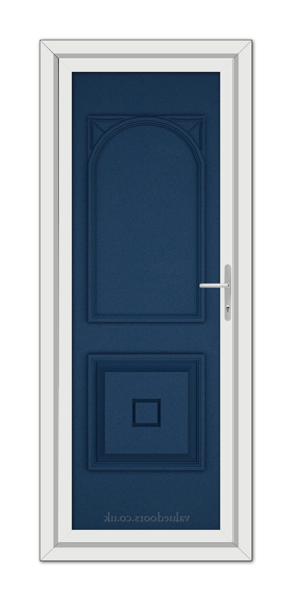 A Blue Reims Solid uPVC Door with a vertical arched panel at the top and a rectangular panel at the bottom, set within a white door frame.