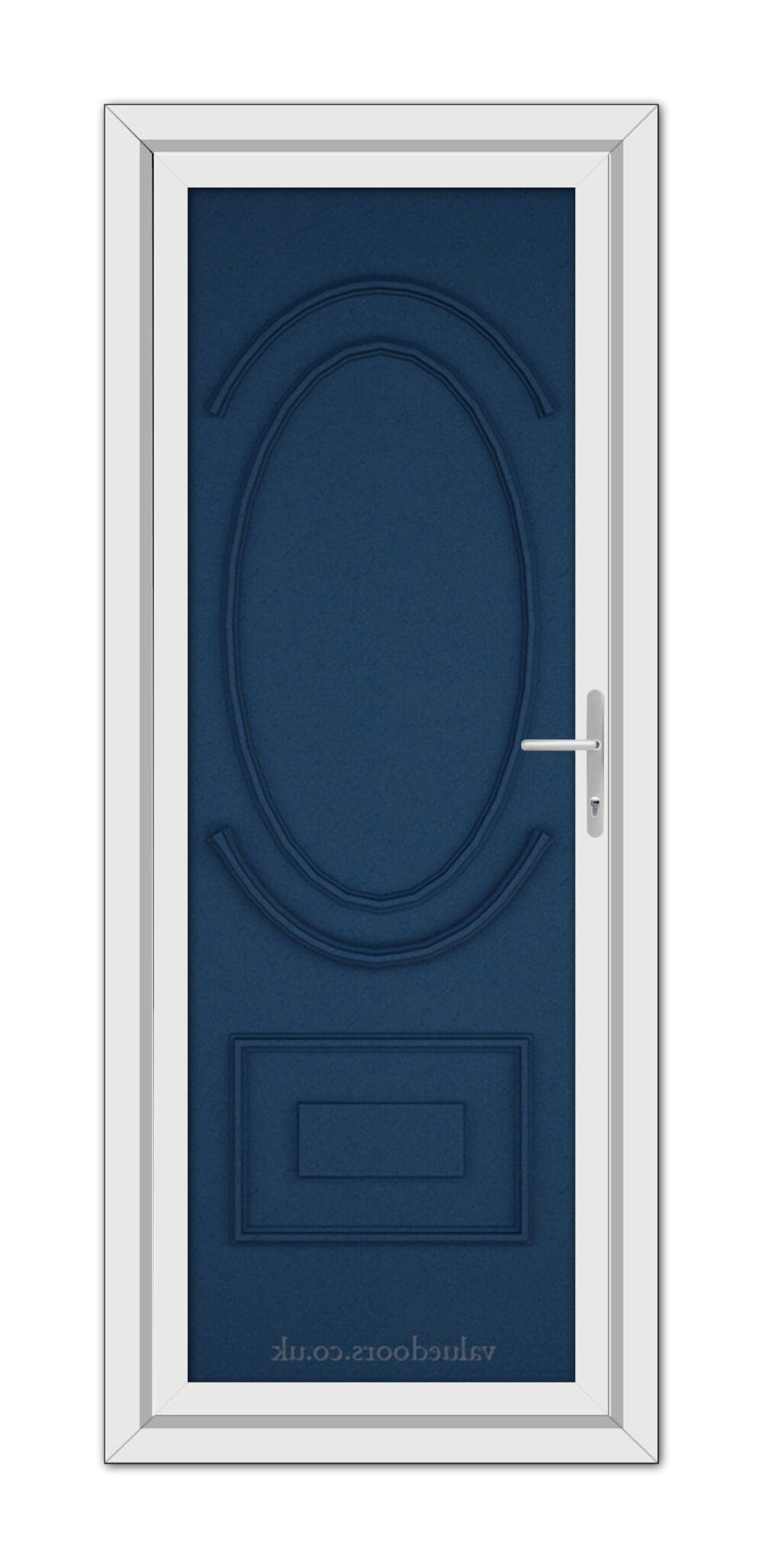 A vertical image of a Blue Richmond Solid uPVC Door with an oval glass panel and silver handle, set in a white frame.